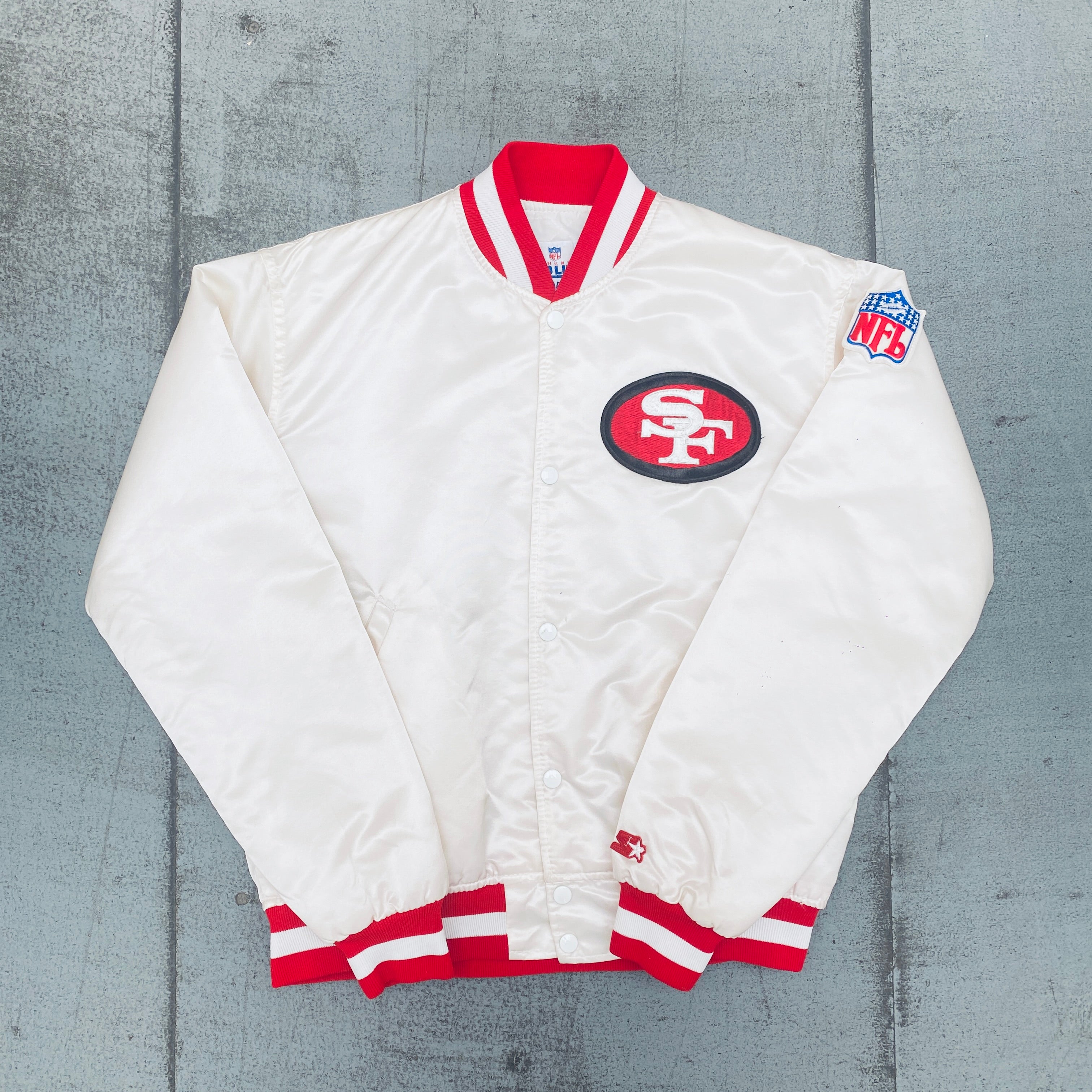 Vintage 1980s San Francisco 49ers White Satin Starter Bomber Jacket - Reverse Spellout Proline (Large) | NFL Football Fan Gear, Retro Sports Apparel for Men, Game Day Outfit & Collectible Memorabilia