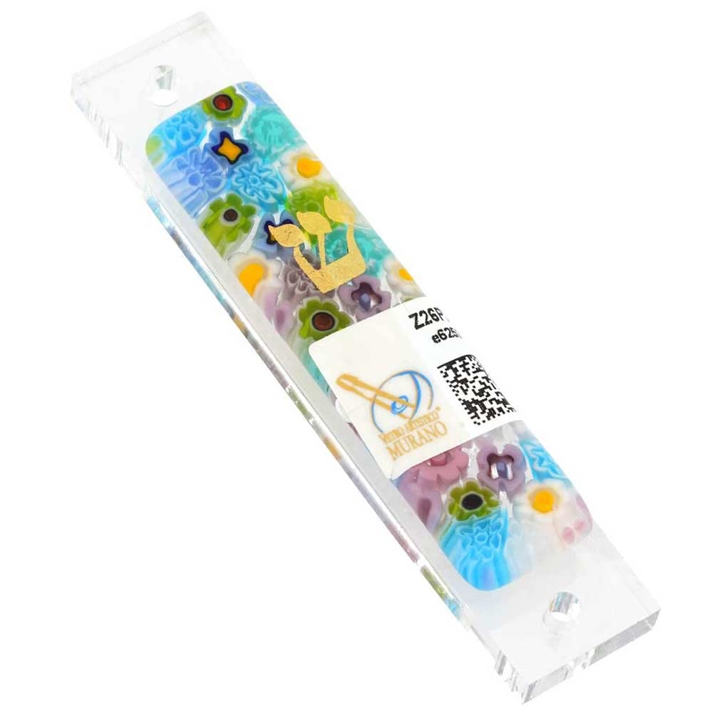 Authentic Murano Glass Mezuzah Cover from Venice - Handcrafted Pastel Multicolor Millefiori Flowers Design - Perfect Jewish Housewarming Gift for Home Blessing & Spiritual Protection