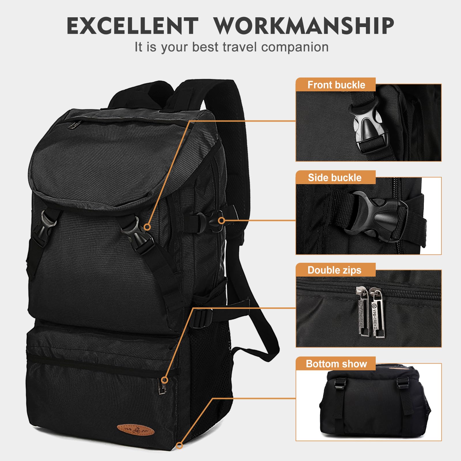 VGCUB Large Travel Backpack - Lightweight Waterproof Hiking & Camping Rucksack for Outdoor Sports, Gym & Daily Use - Extra Large Carry On Daypack for Men & Women (Black) - Perfect for Travel, Hiking, Camping & Work Commute