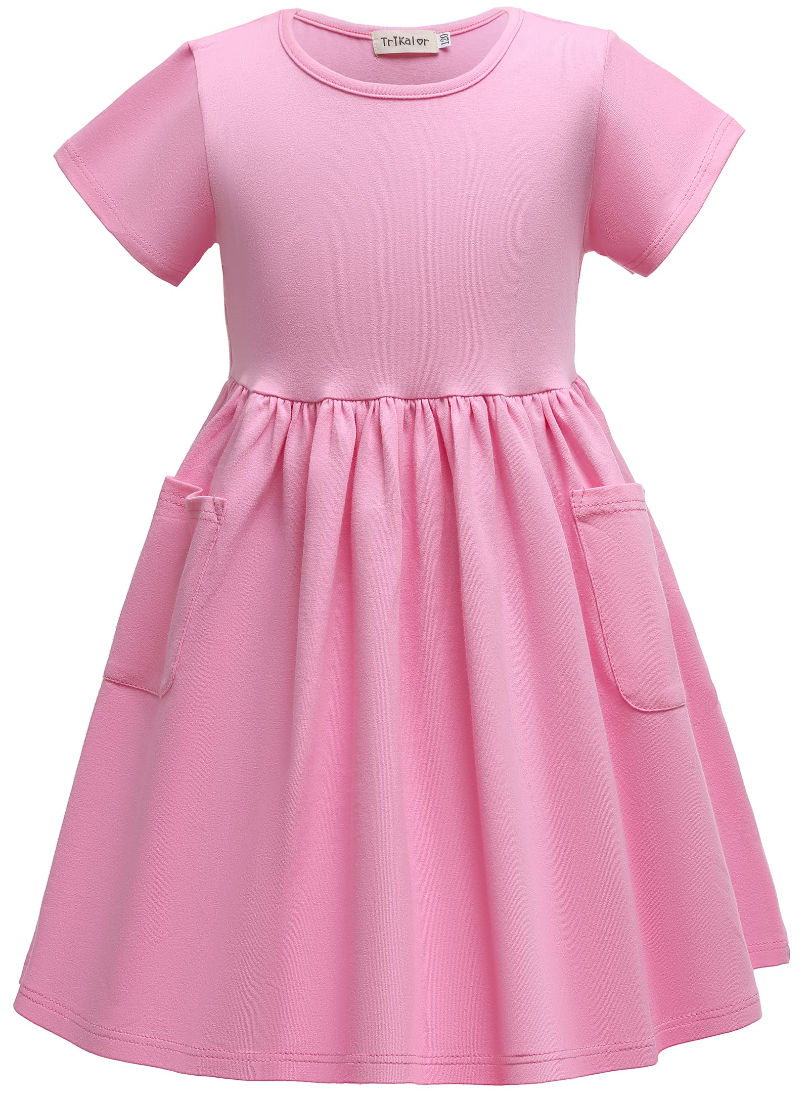 Girls' Short Sleeve Solid Color Casual A-Line Pleated Dress with Pockets - Perfect for School, Playdates & Summer Outfits