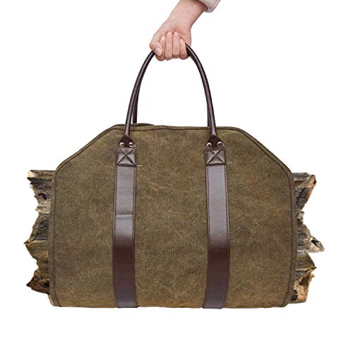 Heavy Duty Waxed Canvas Firewood Log Carrier Tote Bag - Durable Firewood Holder for Indoor Fireplace, Outdoor Camping & Wood Stove Accessories - Perfect for Hauling Firewood, Kindling & Hay