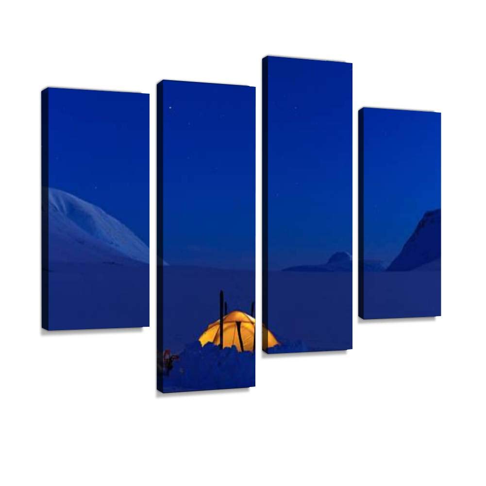 IGOONE 4-Panel Canvas Wall Art - Winter Snow Tent Skiing Landscape Painting, Framed Modern Poster for Living Room & Bedroom Decor | Ready to Hang Home Office Wall Decor