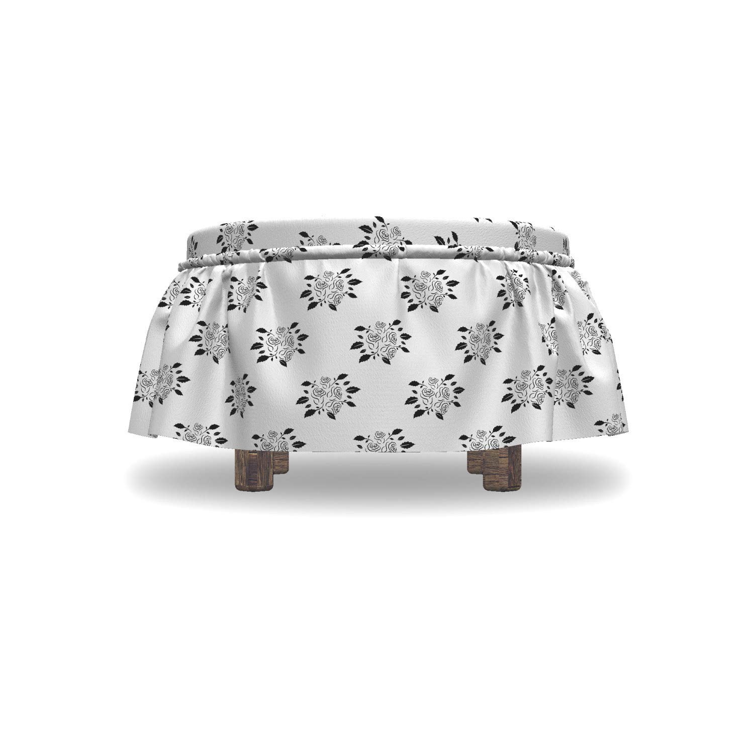 Ambesonne 2-Piece Wedding Ottoman Slipcover Set - Rose Bloom Bouquets Romance Design with Ruffle Skirt for Square/Round Cube Footstools, Charcoal Grey & White Home Decor | Perfect for Living Room, Bedroom & Wedding Decorations