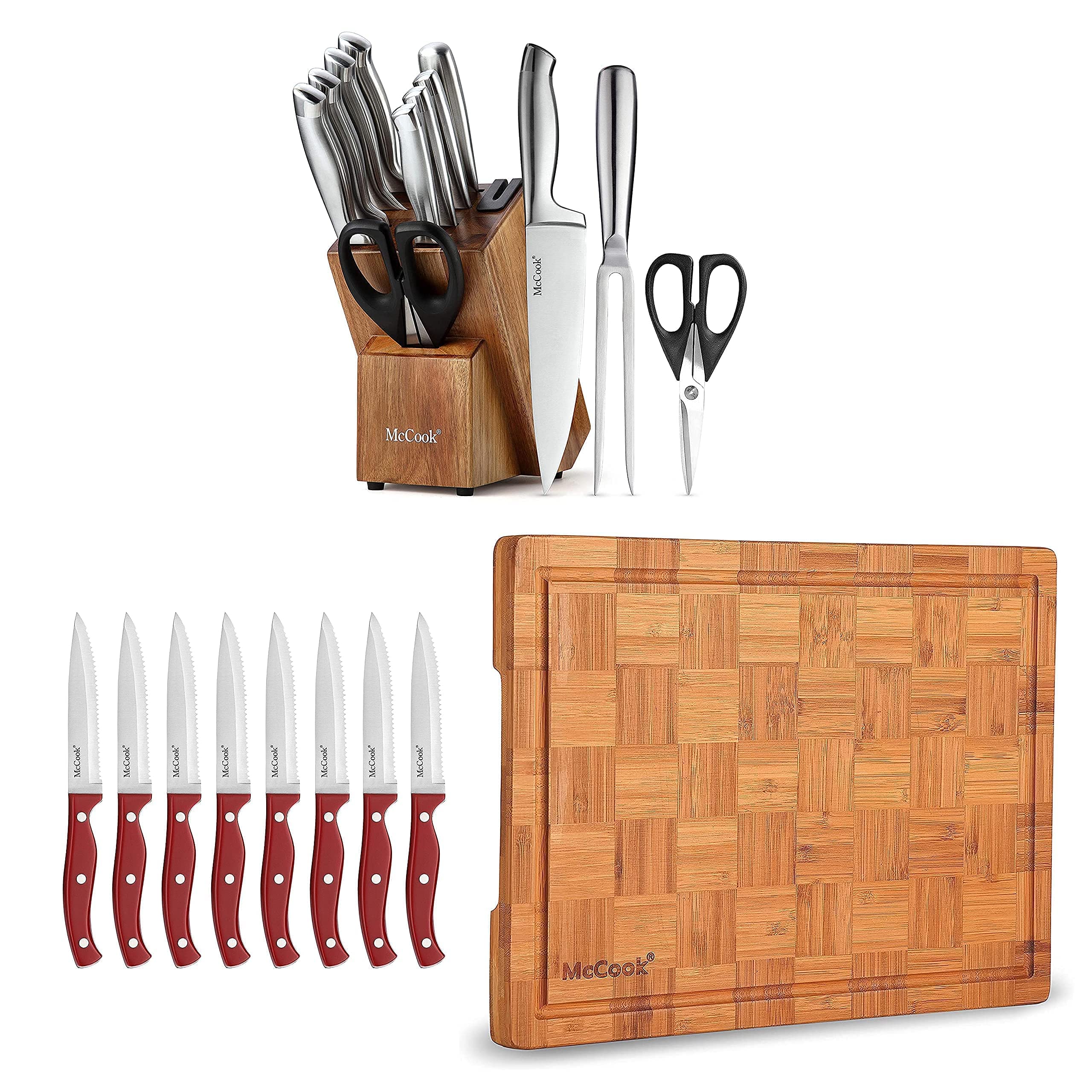 McCook MC35 German Stainless Steel Self-Sharpening Kitchen Knife Set & MC56 Full Tang Serrated Steak Knives (8-Piece) with MCW12 Large Bamboo Cutting Board (17”x12”x1”) - Perfect for Home Cooking, BBQ, and Professional Chef Use