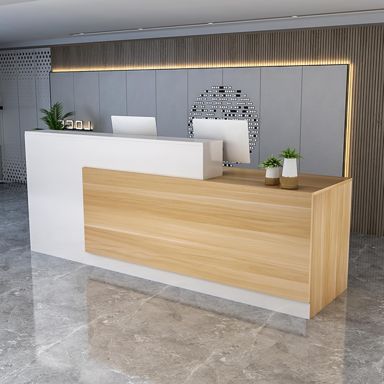 Modern Reception Counter Desk with Lockable Drawers - Wooden Retail Checkout Table for Office, Beauty Salon & Lobby - Durable Front Desk for Computer Work & Customer Service (C-Right)