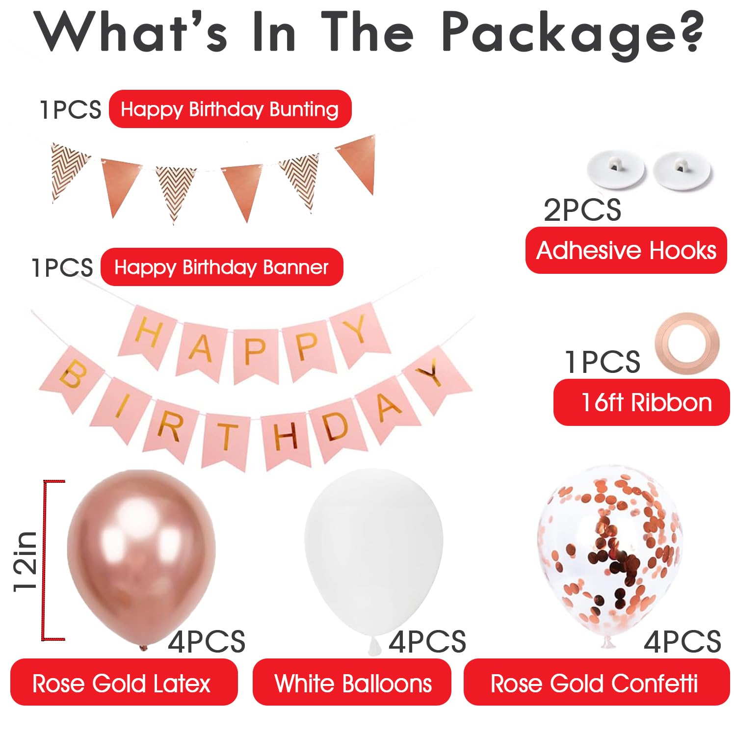 Rose Gold Happy Birthday Banner & Bunting Set - 12 Inch Balloons, Ribbons & Party Decorations for Women | Perfect for Birthday Parties, Baby Showers & Anniversary Celebrations