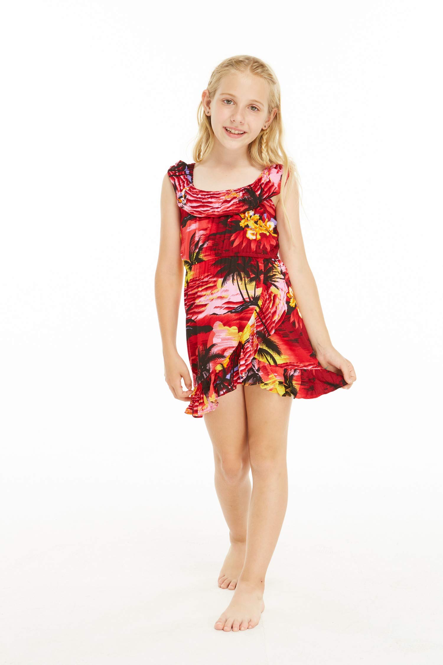 Sunset Hawaiian Luau Dress for Girls with Ruffle Wrap - Beach Party & Vacation Wear