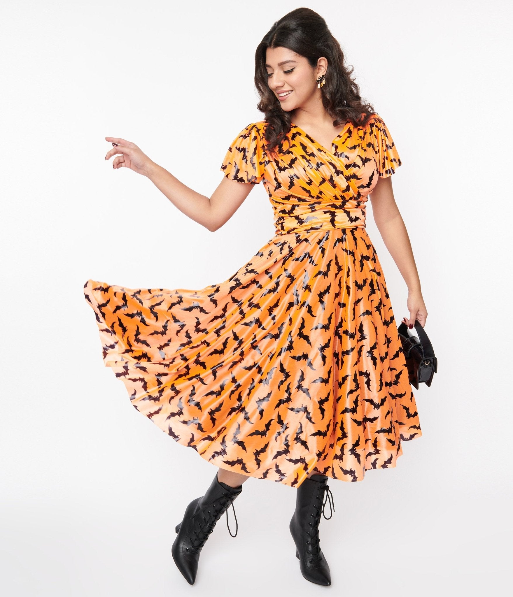 Orange & Black Bat Print Swing Dress for Women - Vintage Halloween Party Outfit, Casual Fall Fashion, Gothic Aesthetic Dress for Costume Events & Everyday Wear