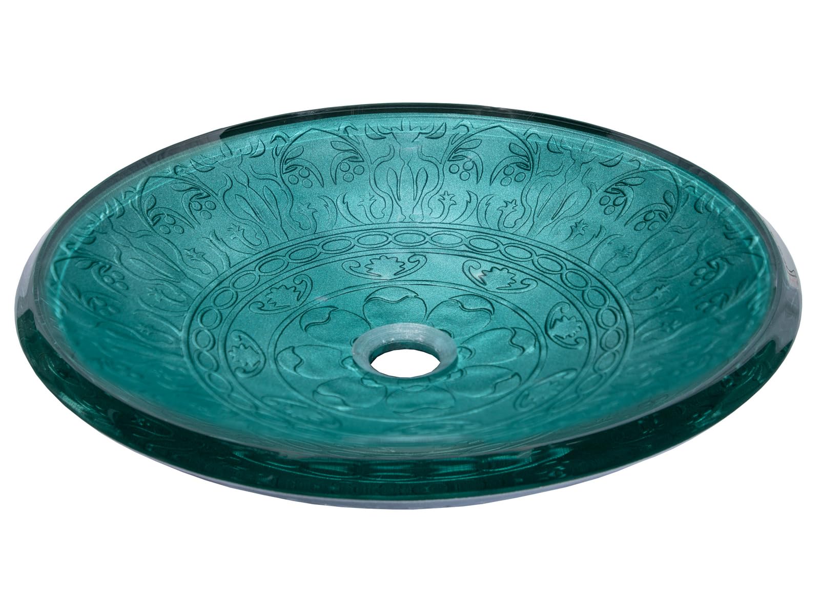 Teal Round Glass Bathroom Vessel Sink with Embossed Pattern - Hand-Painted Exterior for Modern Vanity - Perfect for Spa, Guest Bath & Luxury Home Decor