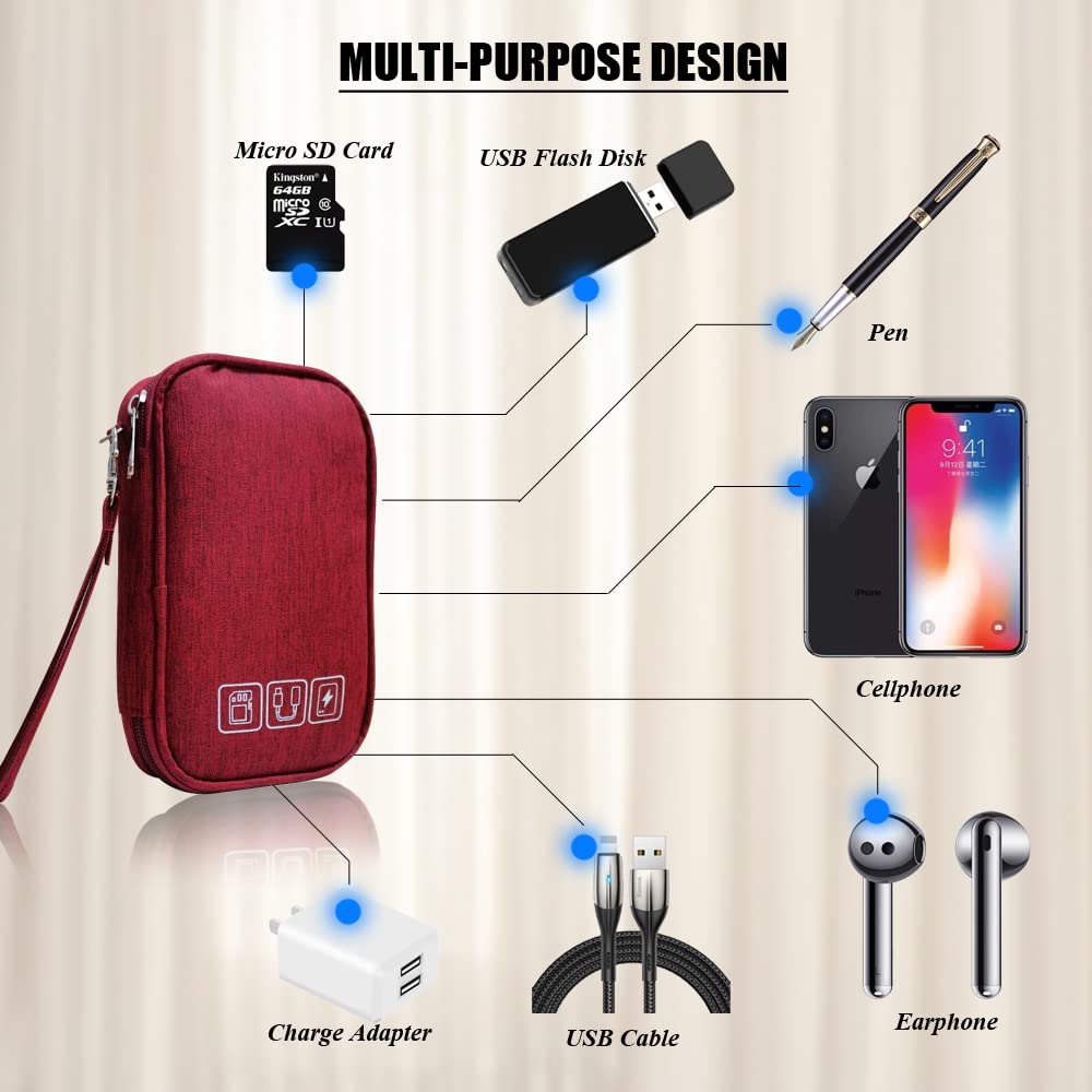 Electronic Cable Organizer Bag - Travel Cord Organizer Pouch for Charger, Hard Drive, Earphones, USB & SD Cards - Portable Carrying Case (Red) - Perfect for Office, Travel & Home Storage