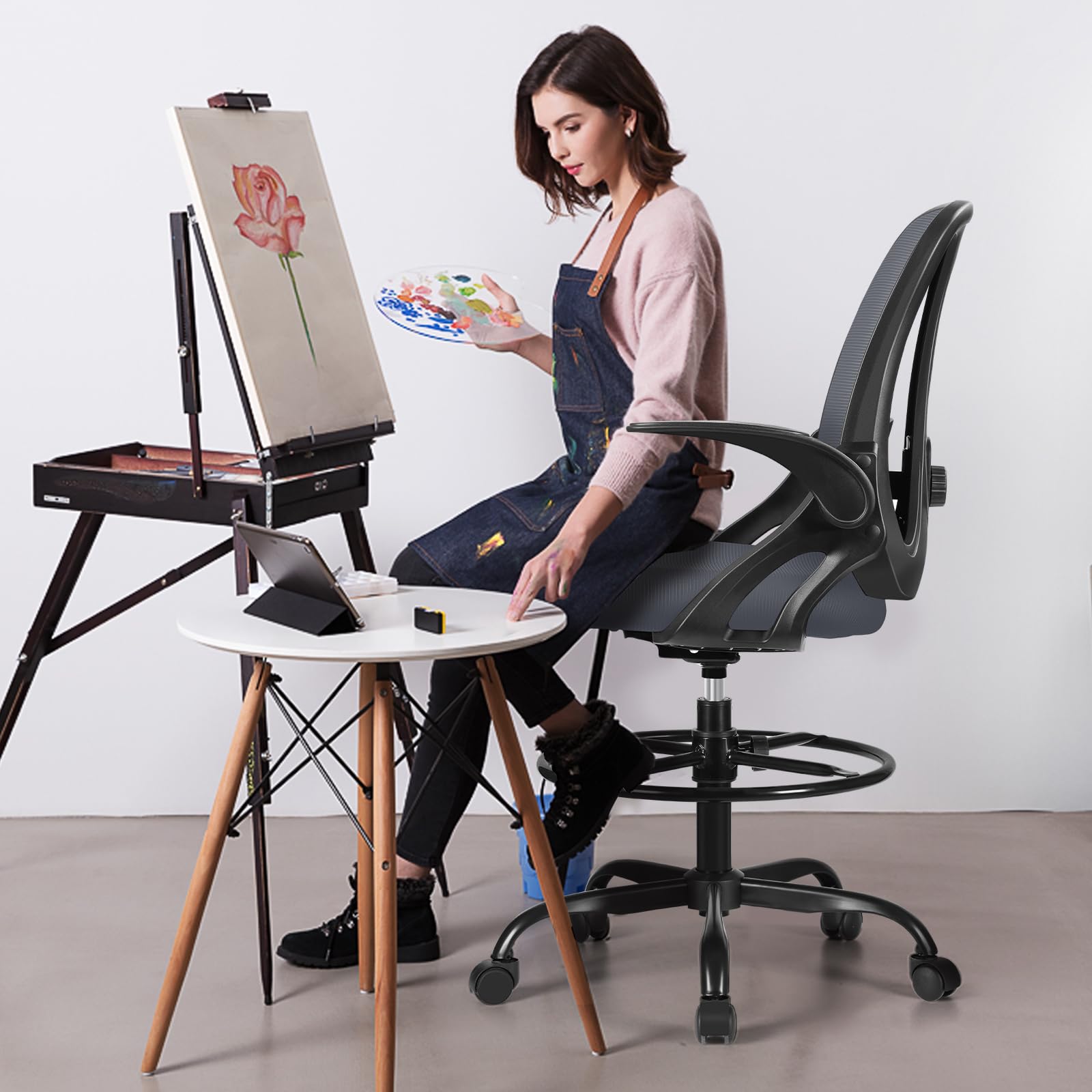 Ergonomic Drafting Chair with Adjustable Lumbar Support & Flip-Up Armrests - High Office Stool with Footrest Ring for Standing Desks - Dark Gray Executive Computer Chair for Architects, Designers & Home Office Use