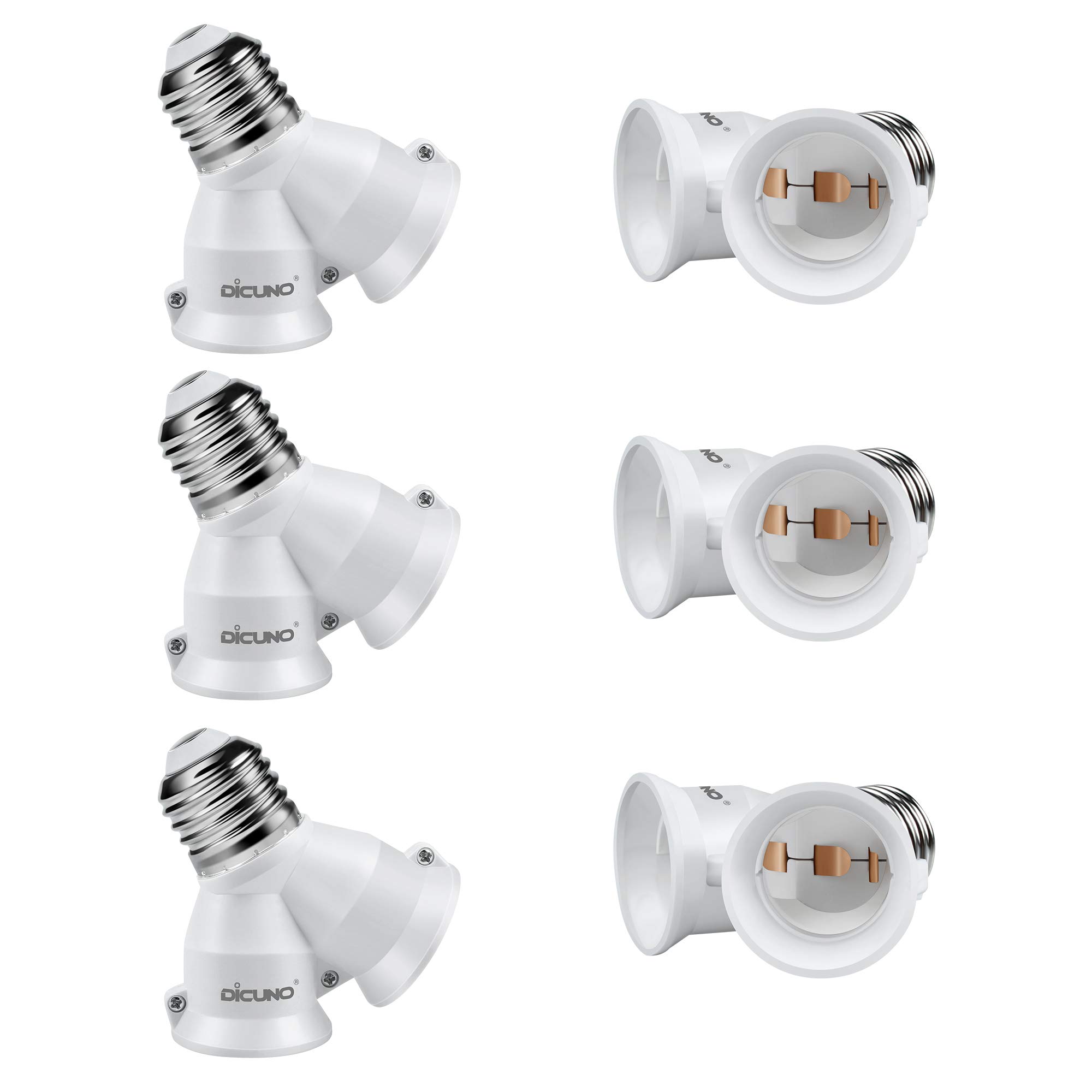 DiCUNO 2-in-1 E26 Socket Splitter Adapter - Convert 1 Socket to 2 Bulbs, Y-Shape Lamp Holder for E26 Medium Base Bulbs, 200W Max & 165℃ Heat Resistant - 6 Pack - Perfect for Lamps, Ceiling Lights & Home Decor Lighting