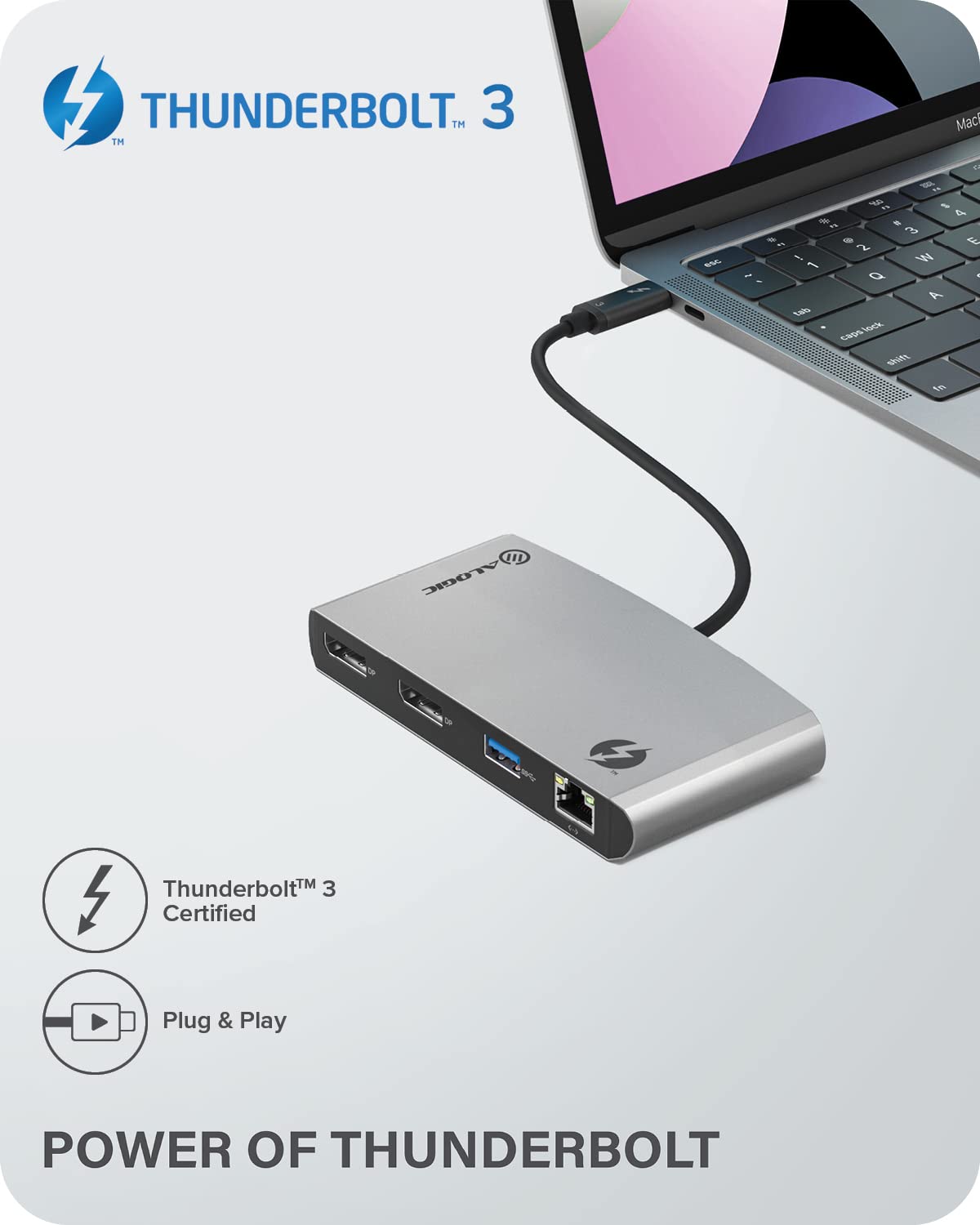 ALOGIC Thunderbolt 3 Docking Station - Dual 4K@60Hz DisplayPort, 5x USB-A Ports, Gigabit Ethernet - Compatible with MacBook Air/Pro, Dell XPS, Windows Laptops - Perfect for Home Office Setup & Multi-Monitor Workstations