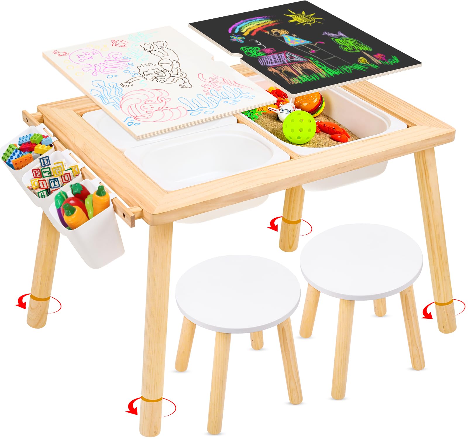 **Sensory Play Table for Kids with 2 Stools & Adjustable Height - Sand & Water Activity Table with Lid, 3 Storage Bins & 3 Buckets - Indoor & Outdoor Use for Play, Drawing & Learning Activities**    *(Perfect for Daycare, Preschool, Home Playrooms & Backyard Fun!)*