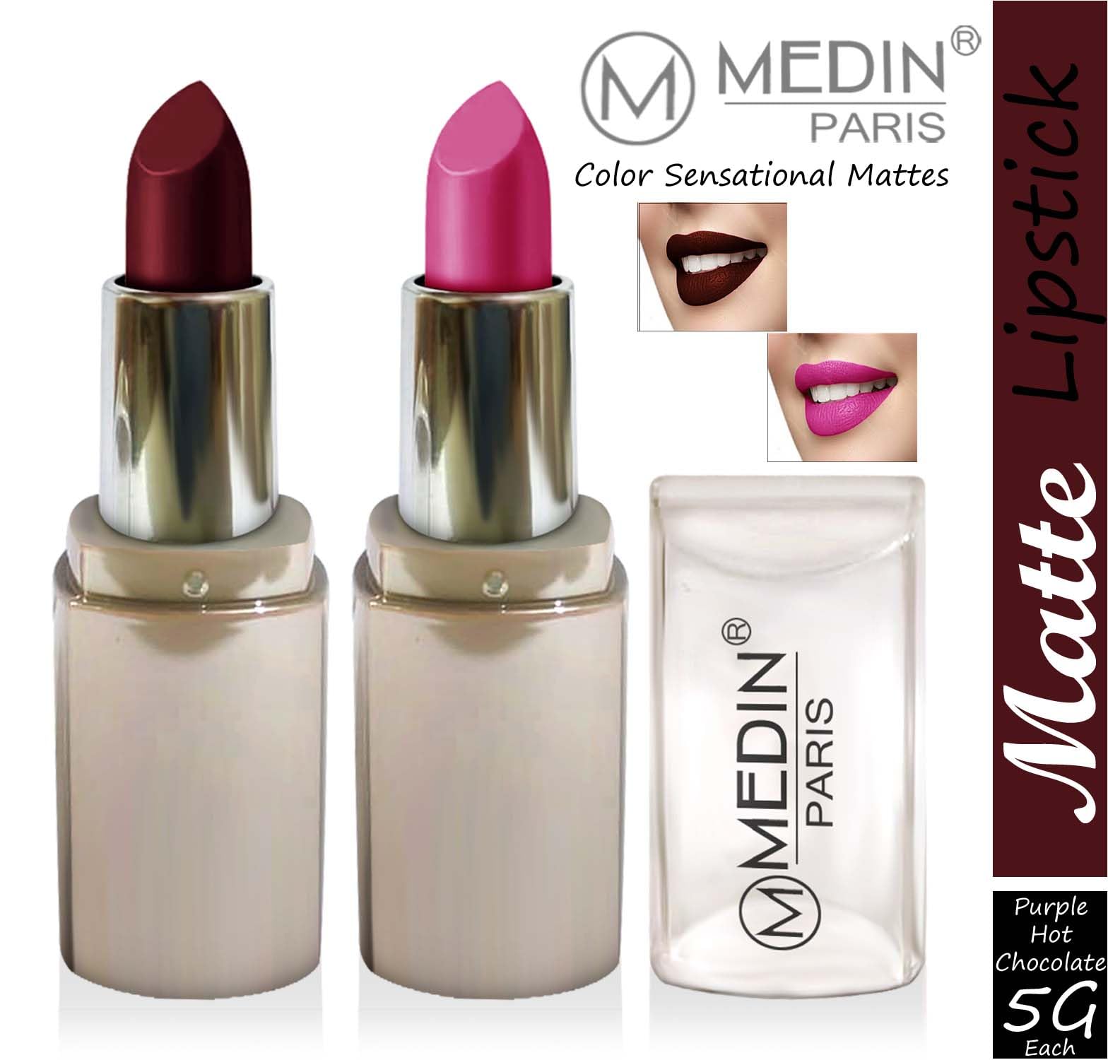 Medin Paris Matte Lipstick Set of 2 - Long Lasting, Highly Pigmented Lipstick Combo (Hot Chocolate & Purple Shades) for Everyday Wear, Date Night & Special Occasions