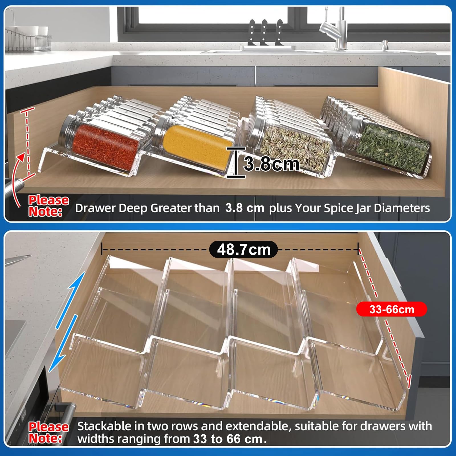 4-Tier Clear Acrylic Spice Drawer Organizer Set (2 Pack) - Expandable from 13