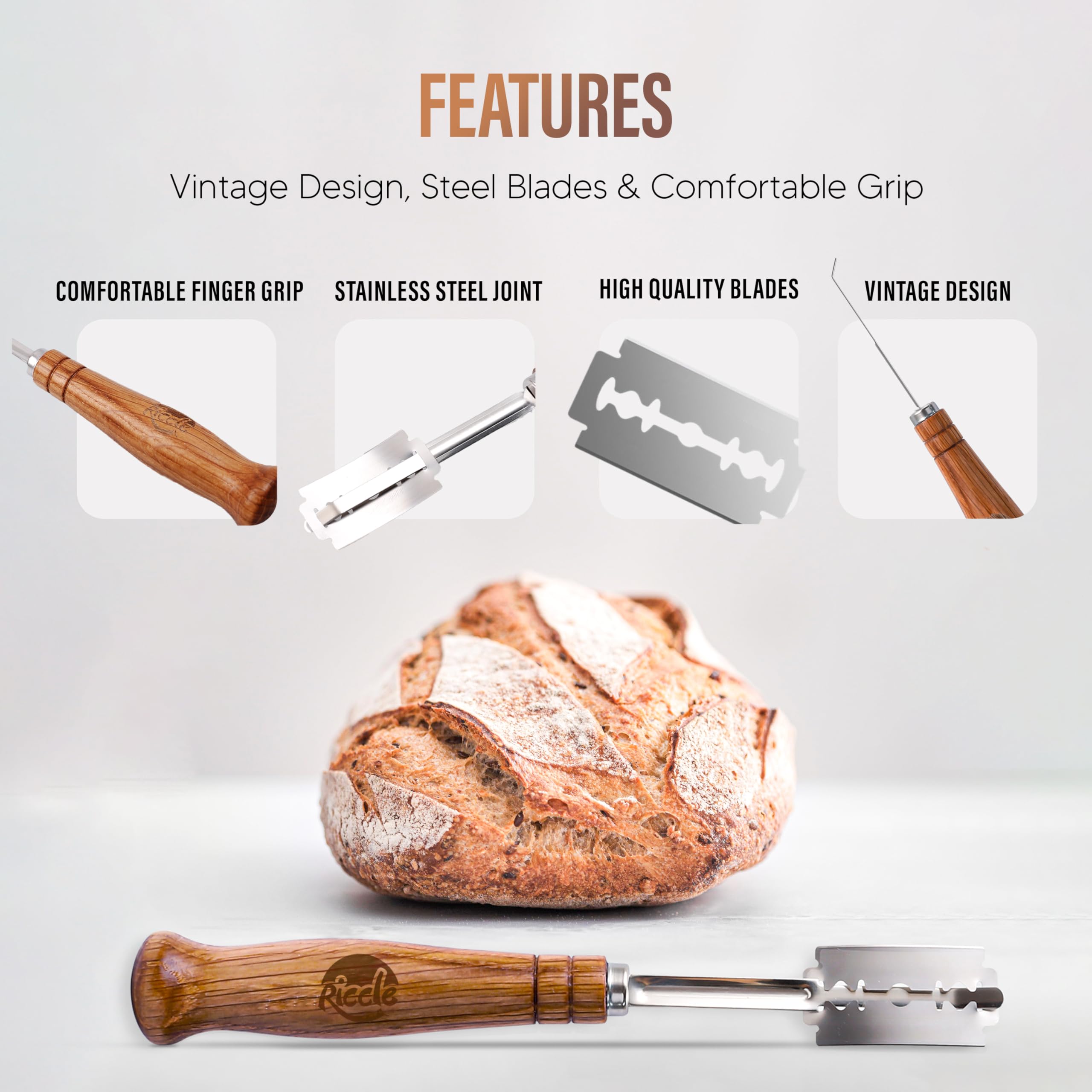 RICCLE Bread Lame Slashing Tool - Professional Dough Scoring Knife with 15 Stainless Steel Razor Blades & Protective Storage Cover - Perfect for Artisan Bread Baking, Sourdough Scoring, and Pastry Making