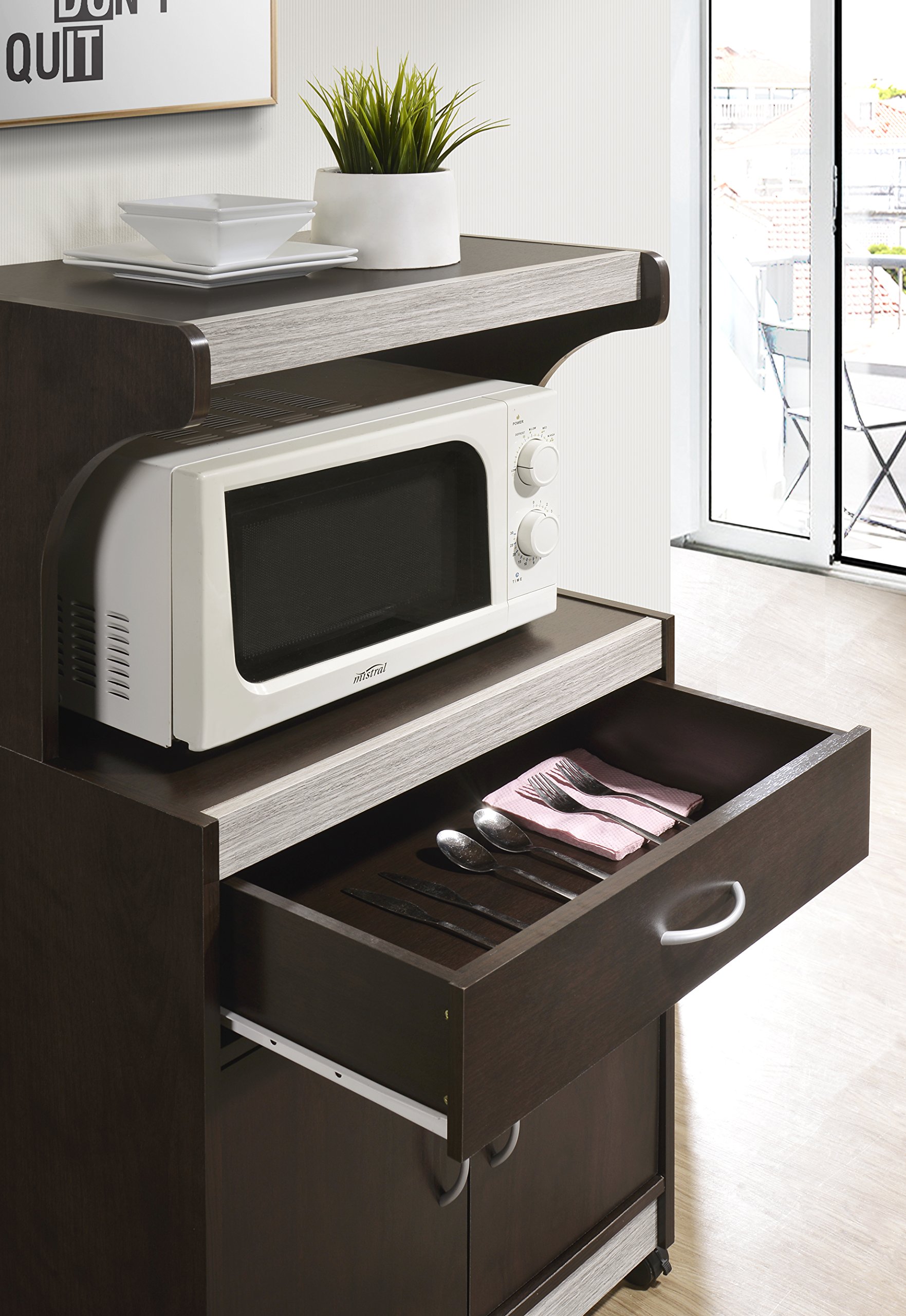 Hodedah Microwave Kitchen Cart with Storage Shelf - Chocolate Grey Finish, Compact Rolling Cart for Small Spaces, Perfect for Kitchen, Dorm, or Office Use