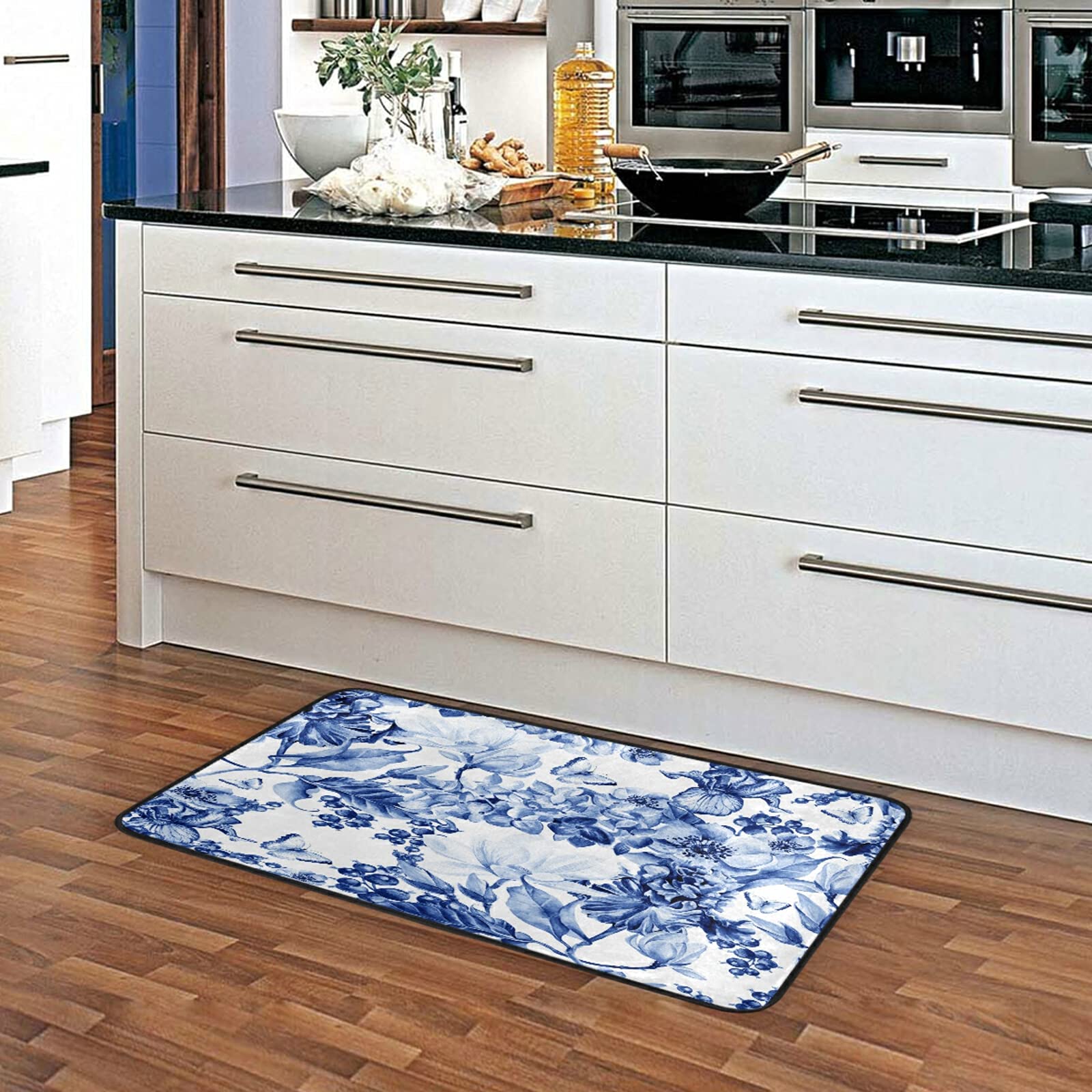Non-Slip Washable Kitchen Rugs - Absorbent Blue Floral Mats for Sink Area, Farmhouse & Bathroom Use
