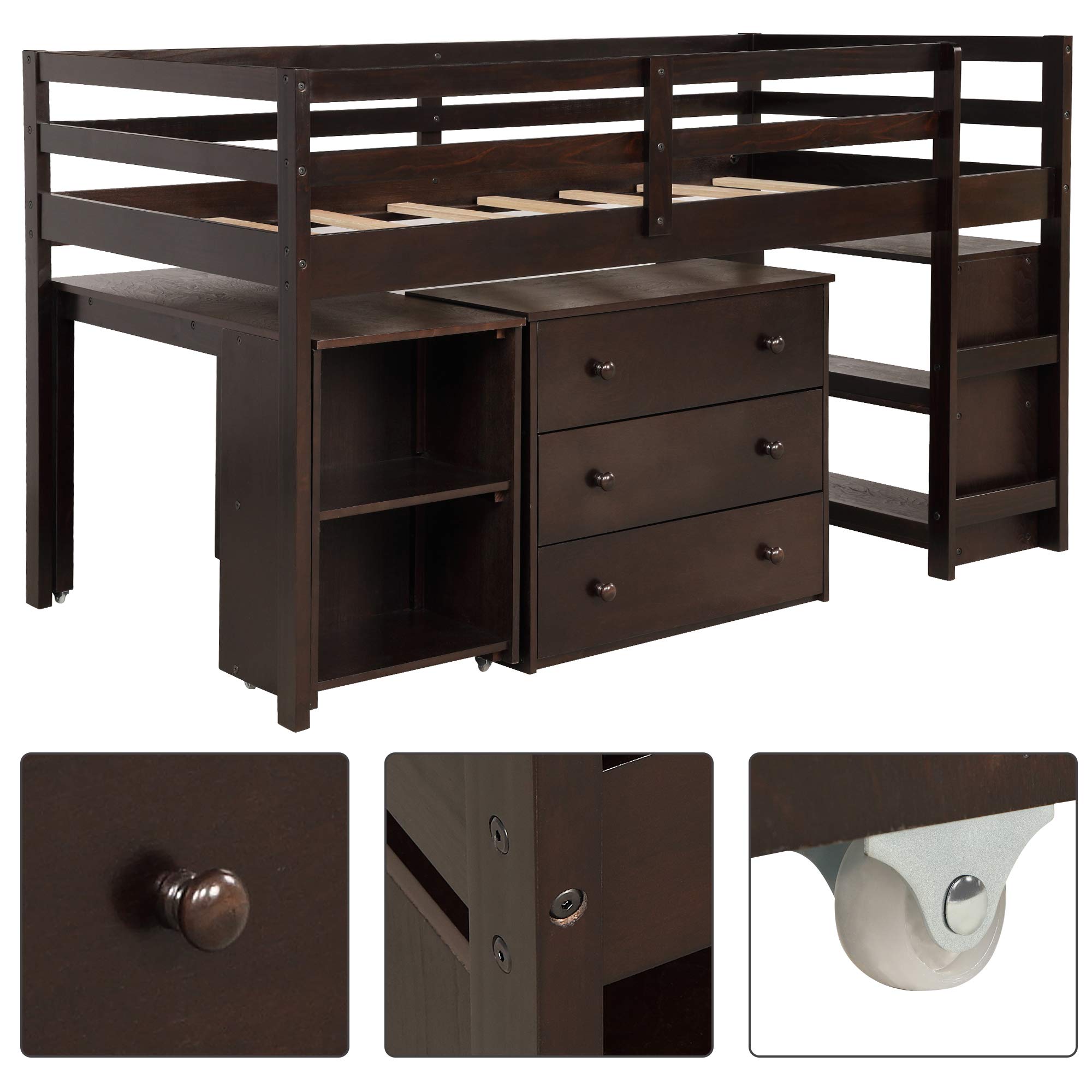 KLMM Kids Loft Bed with Rolling Desk, Storage Shelf, Guard Rail & Drawers - Twin Size Space-Saving Bed for Small Bedroom, Dorm or Apartment (Espresso Finish) - Perfect for Study, Sleep & Organization in Compact Spaces