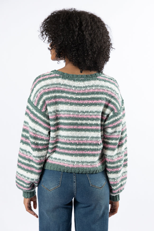 Stylish Green Multi-Striped Popcorn Knit Sweater for Women - Cozy Fall & Winter Fashion - Perfect for Casual Outings, Coffee Dates, and Weekend Getaways