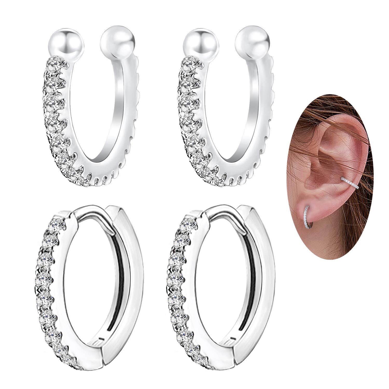 Sterling Silver Cubic Zirconia Hoop Earrings Set for Women - Hypoallergenic Minimalist Huggie & Cartilage Earrings | 2 Pairs | Fashion Jewelry Gift for Her, Mother's Day, Birthday | Perfect for Everyday Wear, Office & Special Occasions