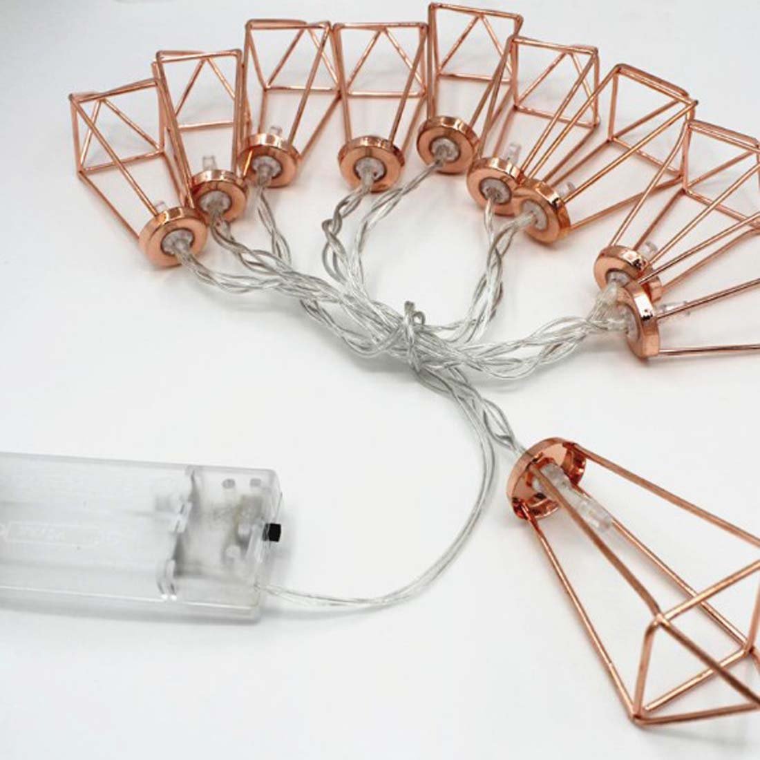 5ft 10-LED Rose Gold Geometric Diamond Metal Wire Fairy Lights - Battery Operated Water Drop Cage String Lights for Christmas, Wedding, Party, Garden & Home Decor - Perfect for Bedroom, Patio, and Outdoor Events