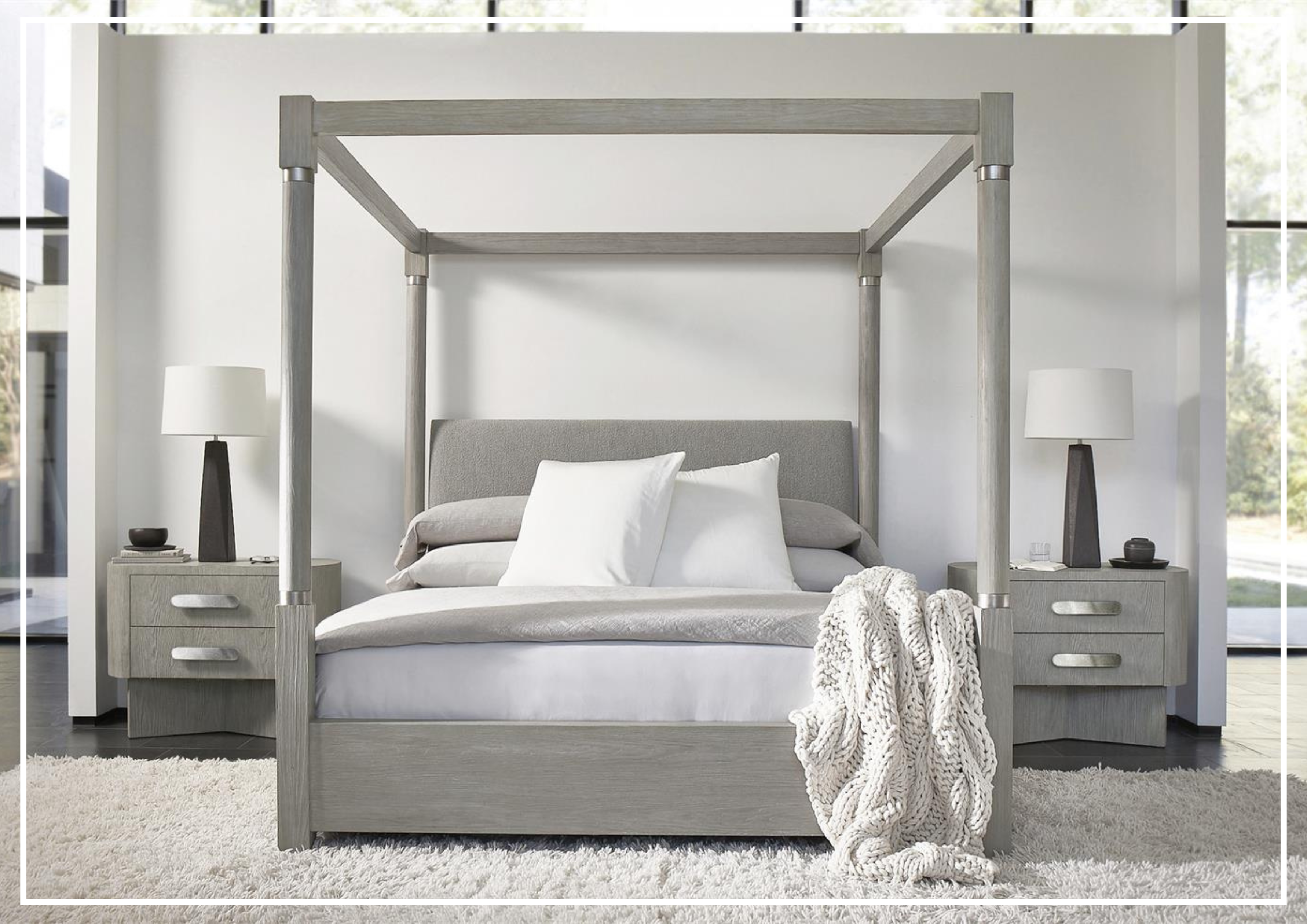 Bernhardt Trianon Gray Upholstered Canopy Bed in Gris Finish - Luxurious King Size Bed Frame with Tufted Headboard for Master Bedroom Decor
