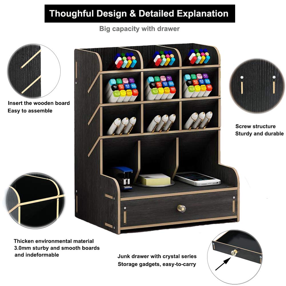 Marbrasse Wooden Desk Organizer - Multi-Functional DIY Pen Holder & Office Supplies Storage with Drawer | Easy Assembly for Home Office, School & Workspace (B11-Black)