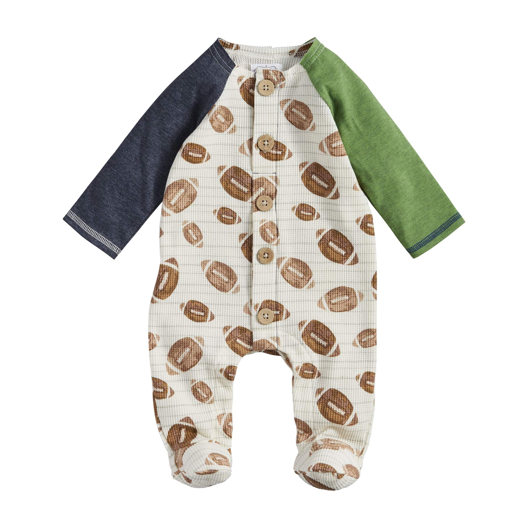 Mud Pie Baby Boys' Oatmeal Football Pajamas - Soft & Cozy One-Piece Sleeper for Newborns & Toddlers - Perfect for Game Day, Bedtime & Family Photos