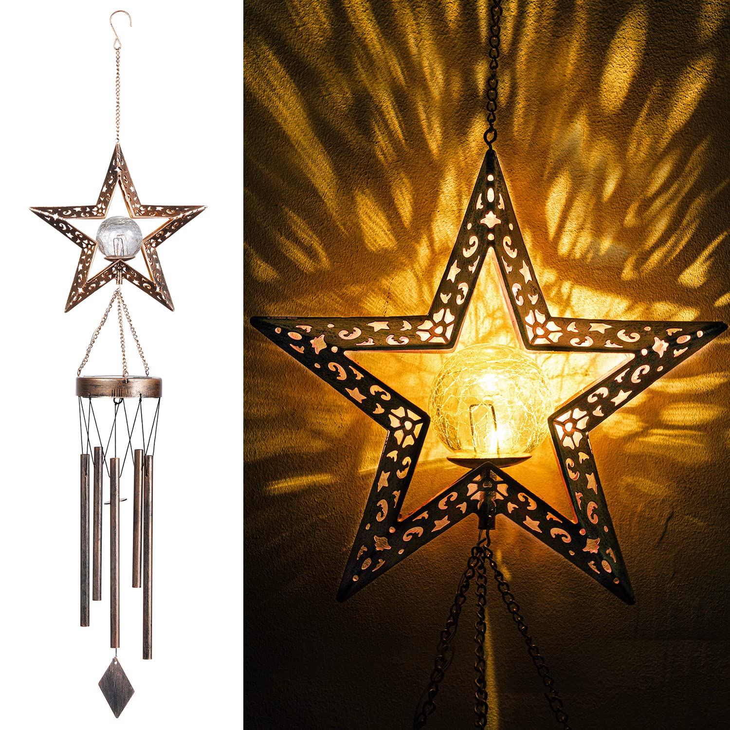 Star Solar Wind Chimes - 25 Inch Deep Tone Outdoor Wind Bells with 5 Aluminum Tubes for Garden, Patio & Yard Decor | Perfect Birthday & Christmas Gift for Women, Mom, Wife & Grandma | Solar-Powered for Day & Night Use