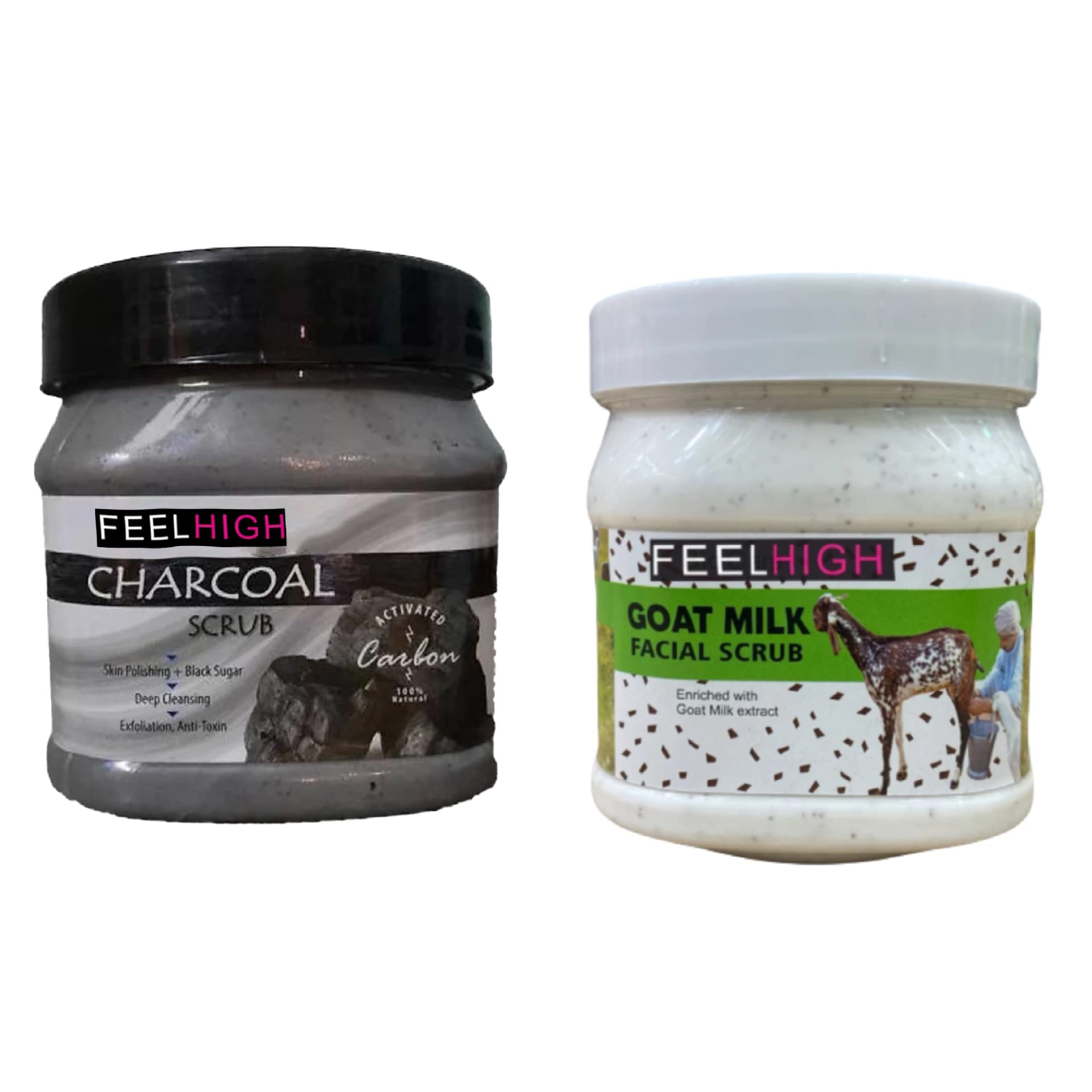 Feelhigh Charcoal & Goat Milk Face & Body Scrub (500ml) - Deep Cleansing Exfoliator for Acne, Blackheads & Smooth Skin | Natural Skincare for Men & Women | Perfect for Daily Facial Routine & Spa Treatments
