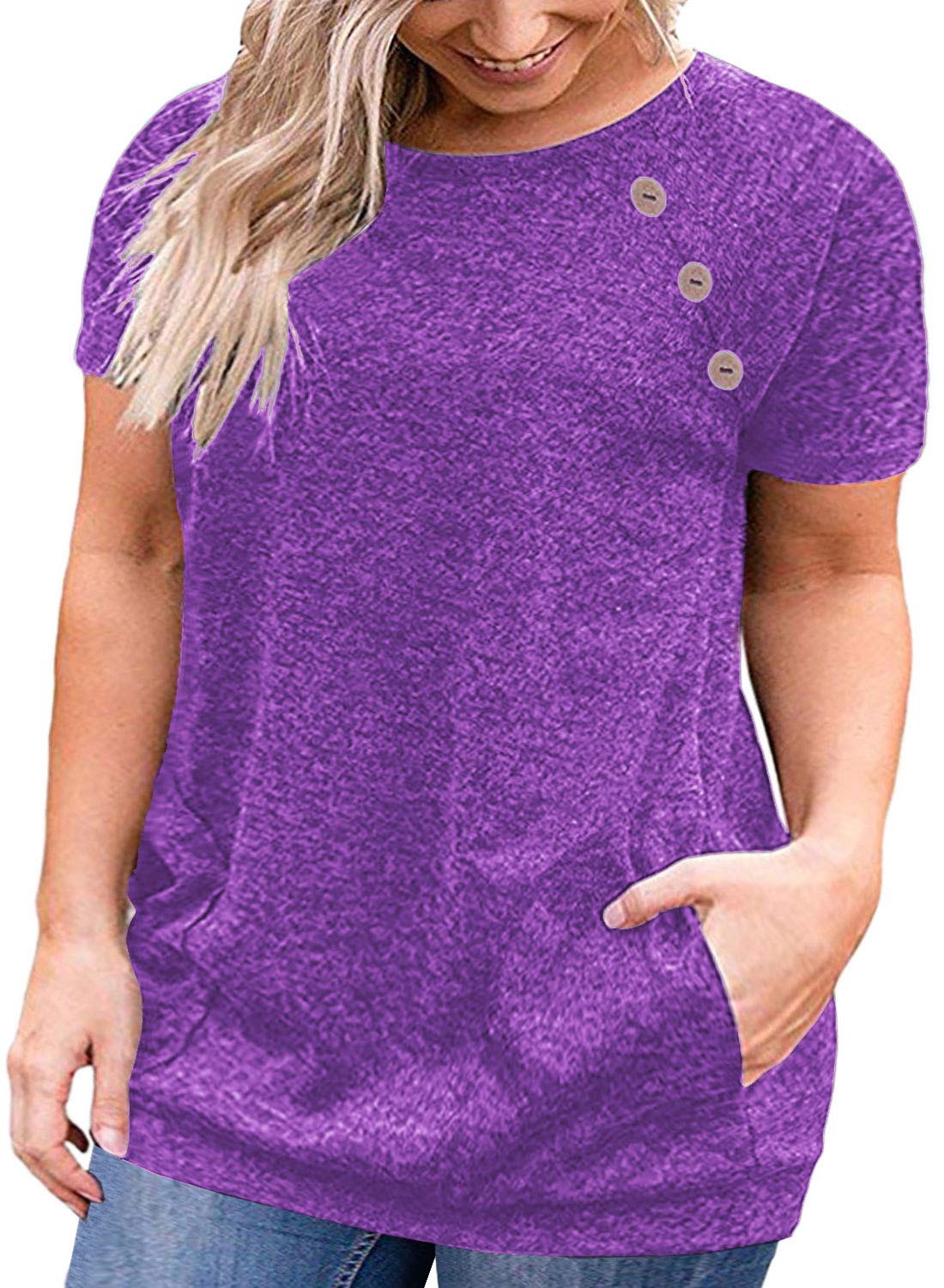 VISLILY Women's Plus Size Short Sleeve Button Down Blouse with Pockets - Casual Comfort T-Shirt Style Top for Work, Travel & Everyday Wear