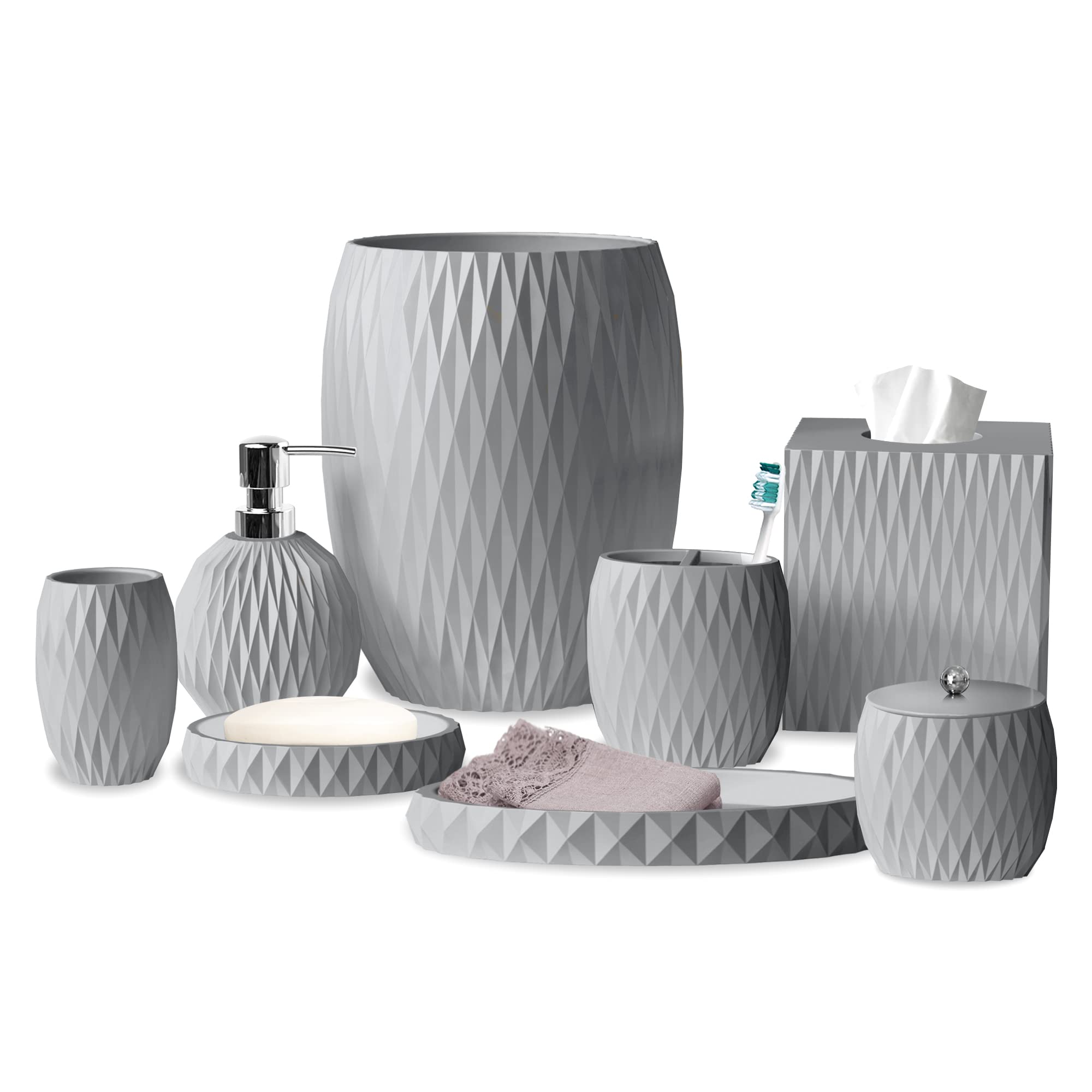 Luxury Grey Resin Bathroom Accessory Set - 8 Piece Vanity Countertop Organizer with Cotton Swab Dish, Toothbrush Holder, Tumbler, Soap Dispenser, Waste Basket, Tissue Box & Tray | Modern Bath Decor for Spa-Like Experience