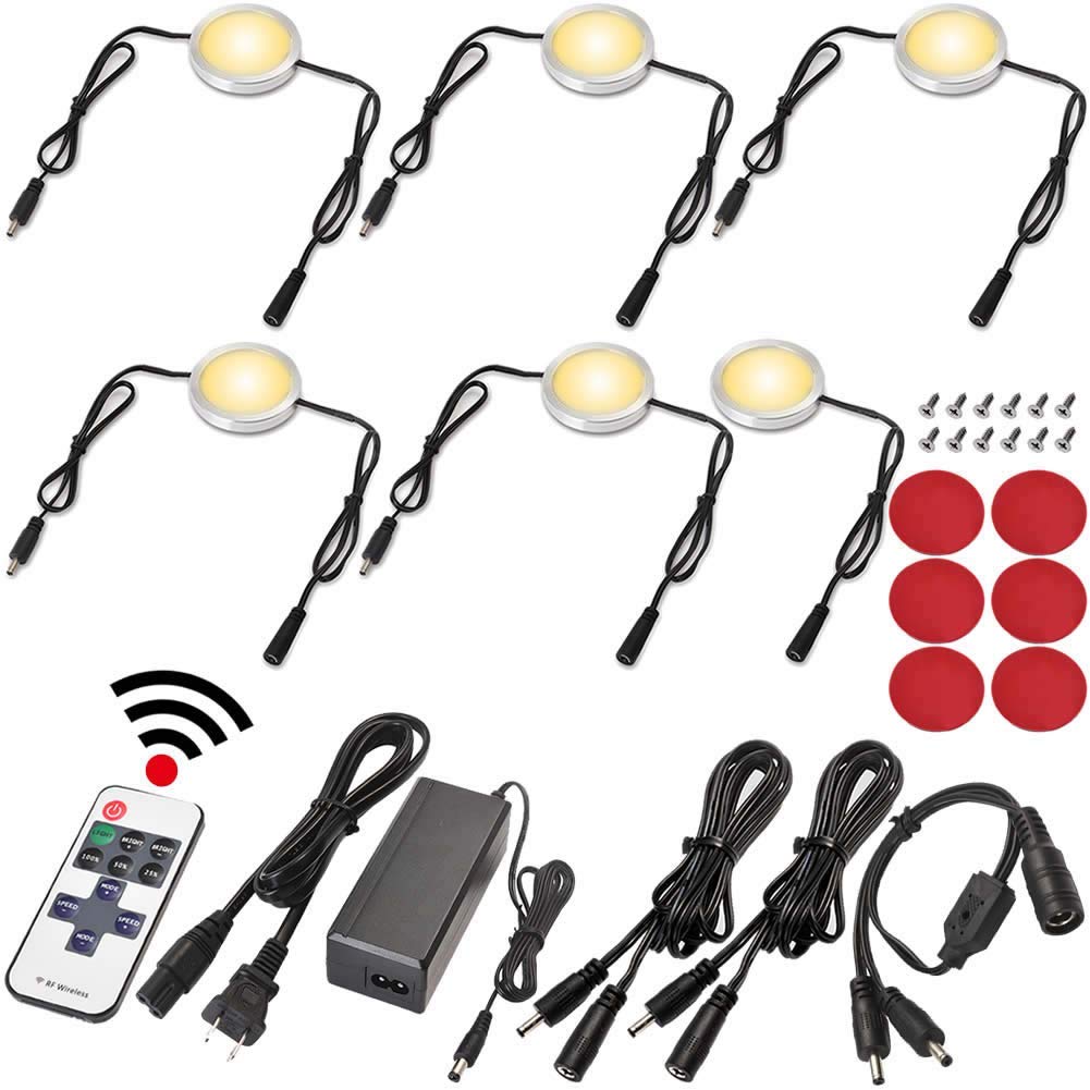 LED Under Cabinet Lighting Linkable Kit - Wireless Dimmable Puck Lights with RF Remote Control, 110V to 12V Direct Wired (12 or 6 Lights) - Warm White for Kitchen, Closet, Shelf, and Display Case Lighting