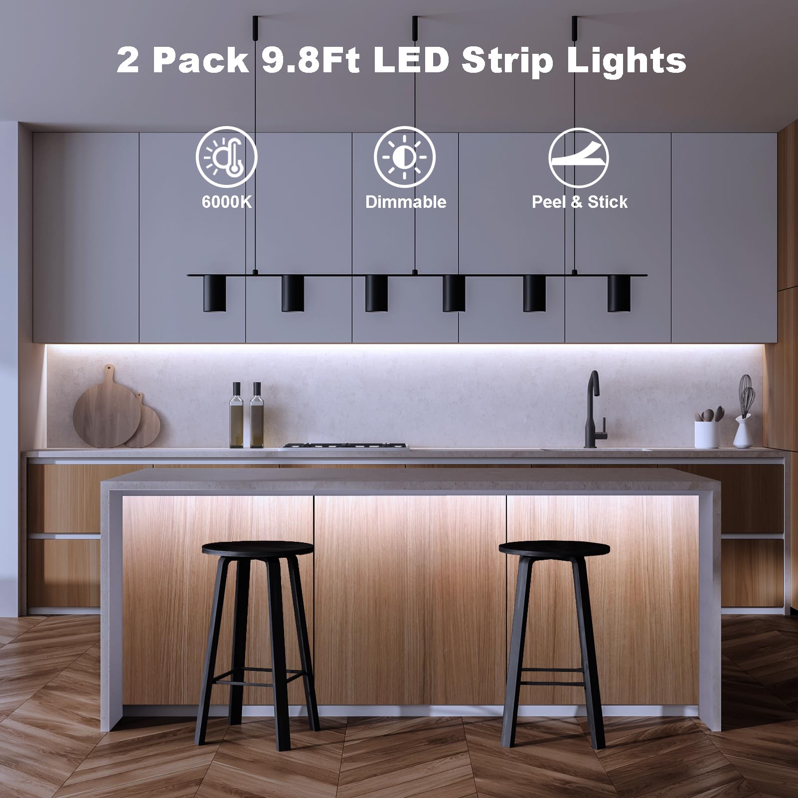 Echosari 2 Pack 9.8Ft LED Strip Lights with Remote & Timer - 90 LED Battery Operated Flexible Self-Adhesive Light Strips for Bedroom, TV Backlight, Kitchen, Boat, Cupboard Decor (Cool White) - Perfect for Home Lighting, DIY Projects & Party Decorations