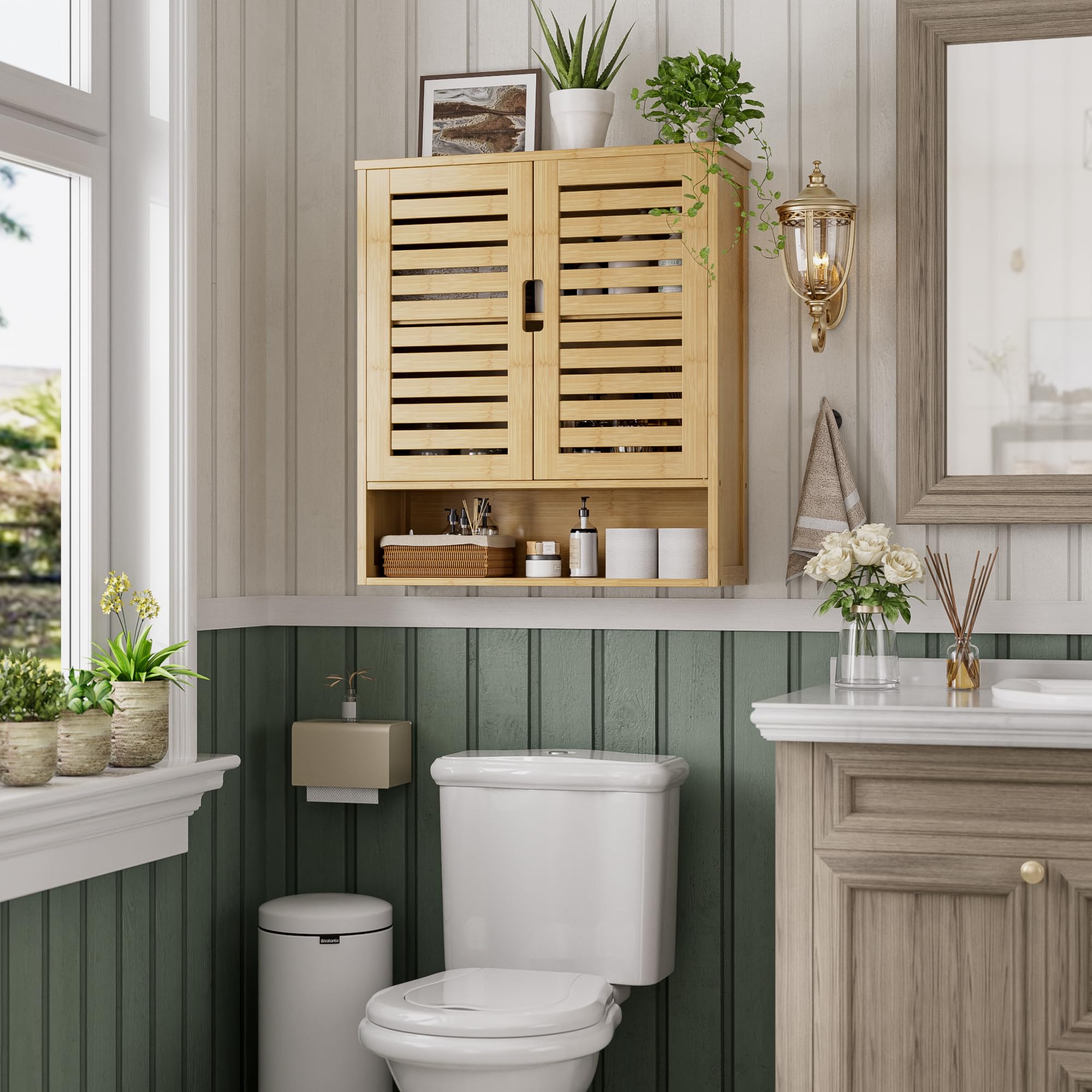 SMIBUY Wall Mounted Bamboo Bathroom Cabinet - Over The Toilet Storage Organizer with 2 Doors & Adjustable Shelves - Space Saving Medicine Cabinet (Natural) - Perfect for Small Bathrooms, Apartments & Vanity Organization