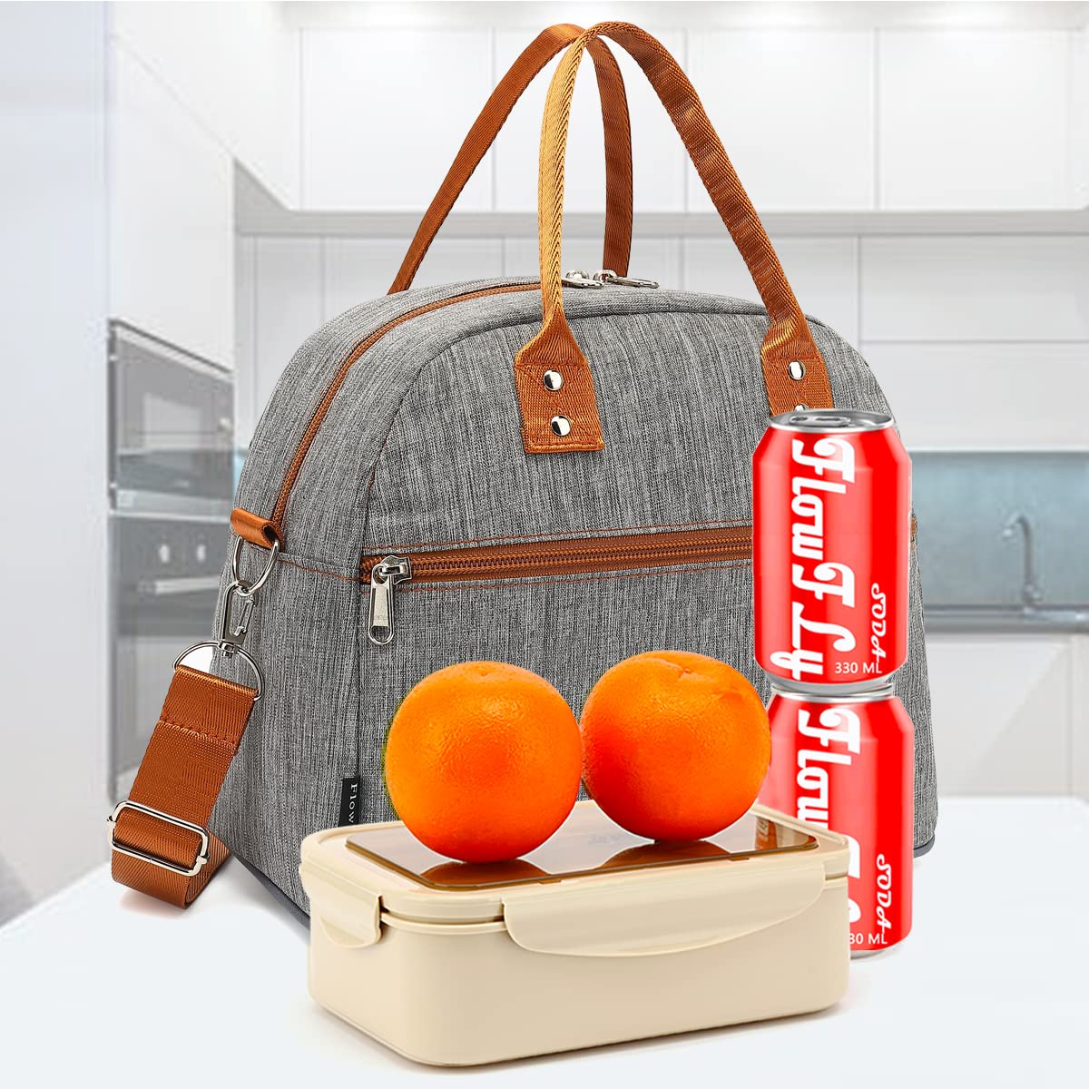 FlowFly Insulated Lunch Bag with Shoulder Strap - Large Reusable Freezable Cooler Tote for Women, Men & Kids - Perfect for Work, School, Travel & Meal Prep - Grey Lunch Box Organizer