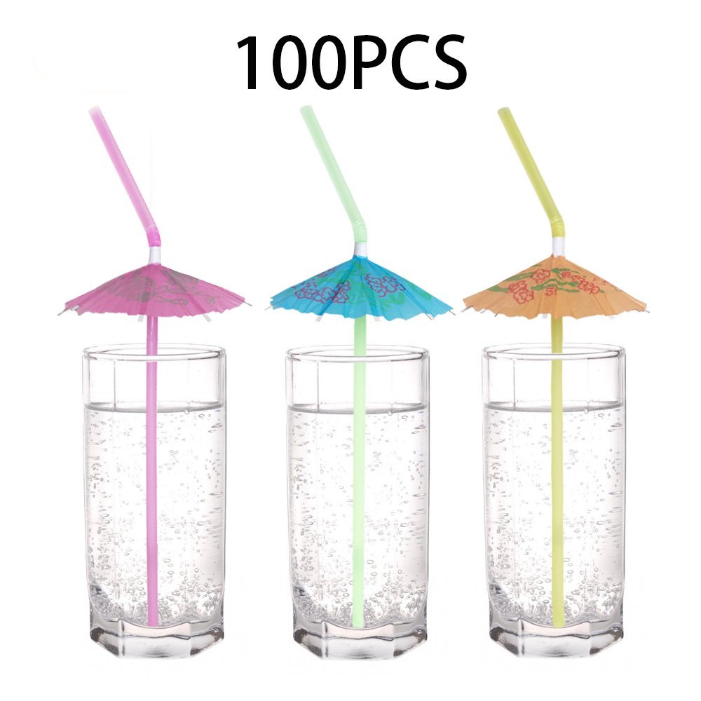 Hawaiian Luau Drinking Straws - Tropical Beach Jungle Pool Party Supplies, Summer Umbrella Parasol & Cocktail Decorations for Summer Parties, Weddings, and Tropical Themed Events