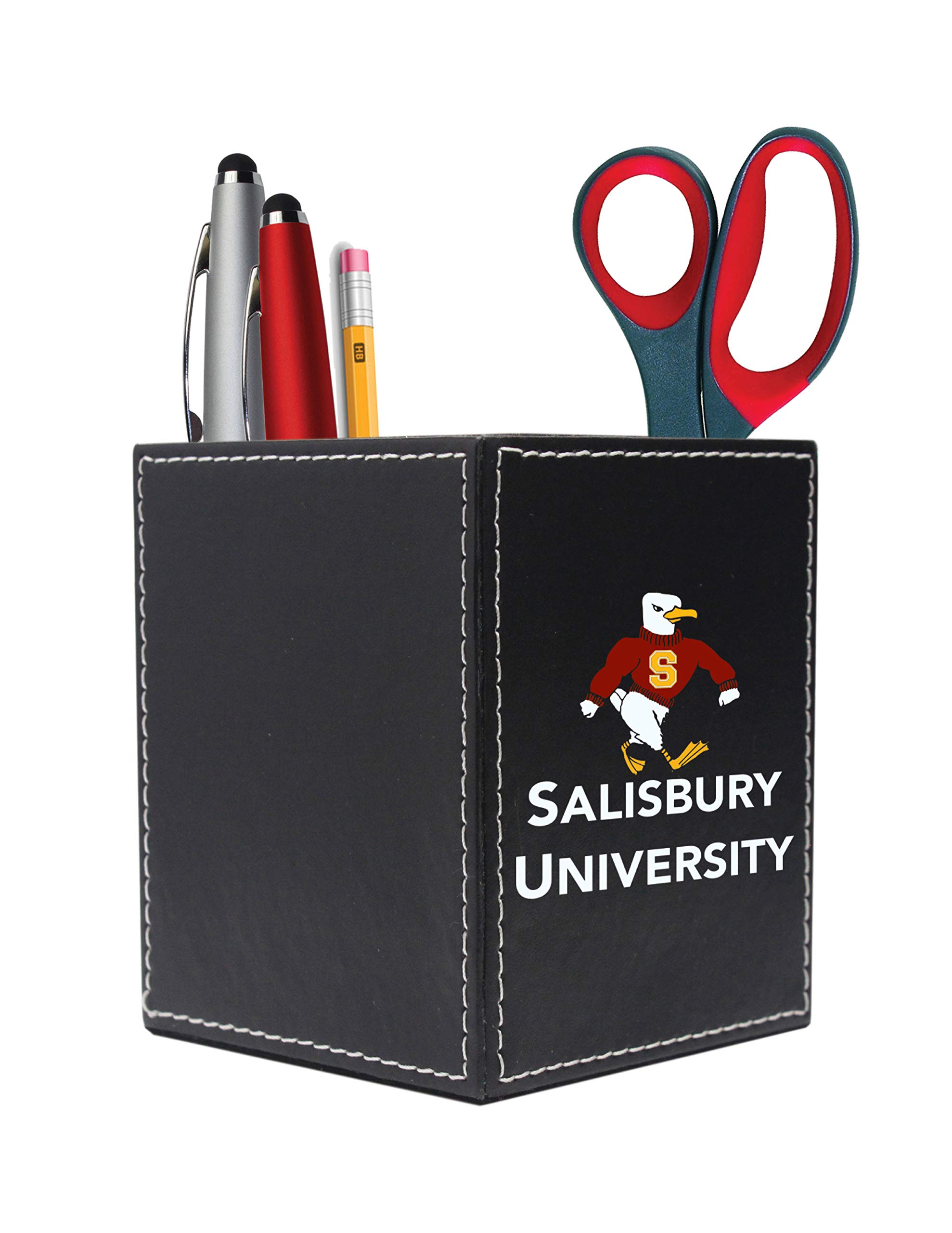 Premium Leather Desk Organizer - Salisbury University Design-1 in Black | Stylish Office Accessory for Pens, Pencils & Stationery | Perfect for Home Office, Study & Work Organization