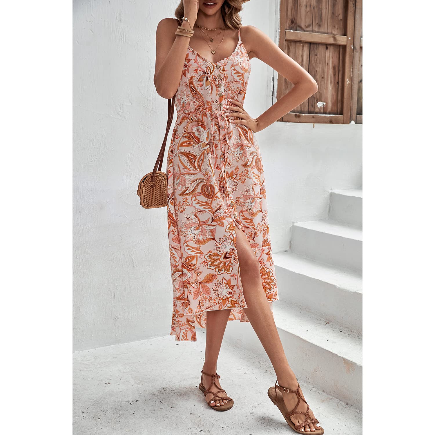 BROVAVE Women's 2025 Summer Boho Sundress - Polka Dot Spaghetti Strap V-Neck Flowy Midi Dress for Beach, Vacation & Casual Outings