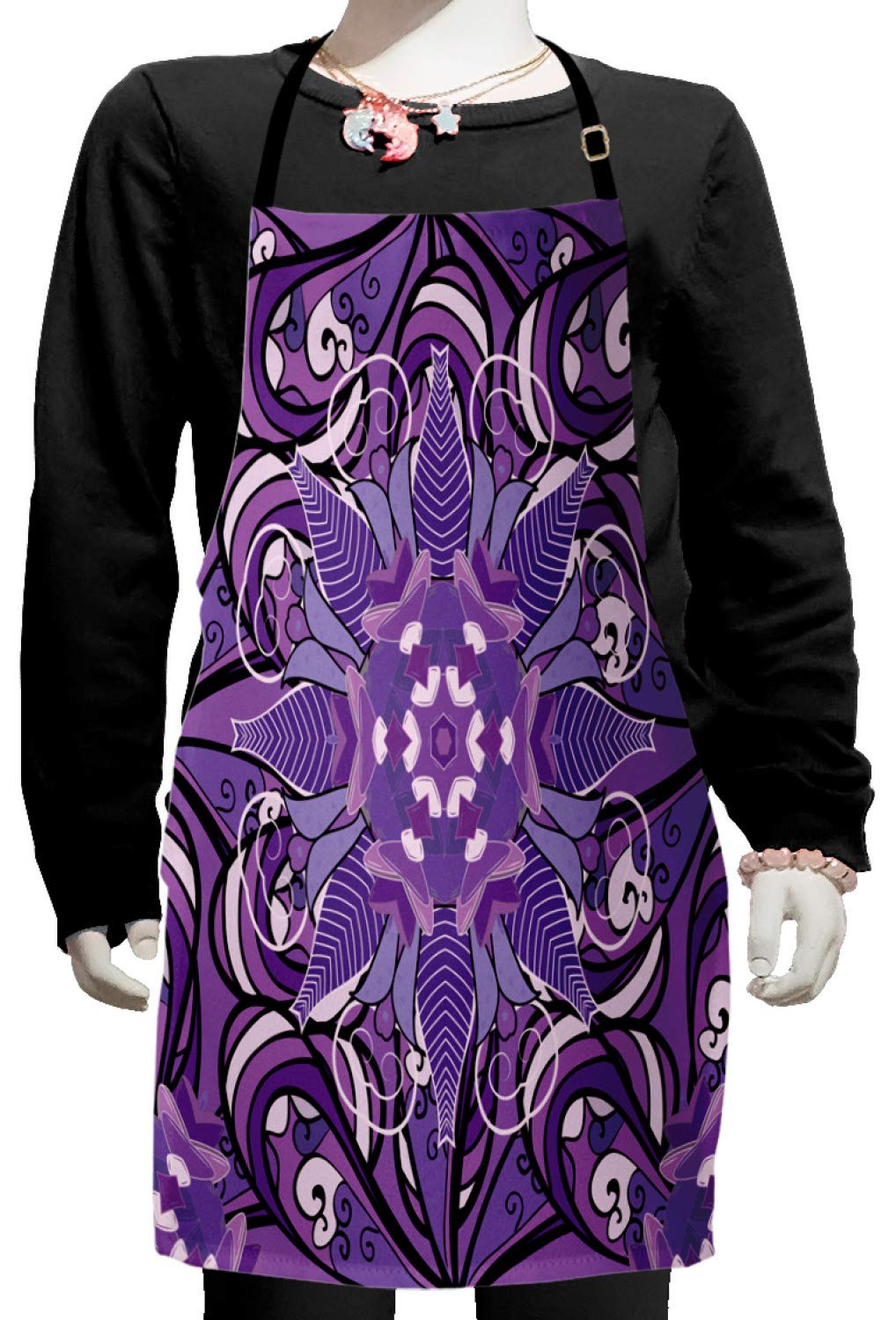 Ambesonne Vintage Mauve Apron with Oriental Mandala & White Blossoms Print - Adjustable Ties for Baking, Painting, Cooking - Small Size Lavender Violet White - Perfect for Kitchen, Art Studio & DIY Crafts