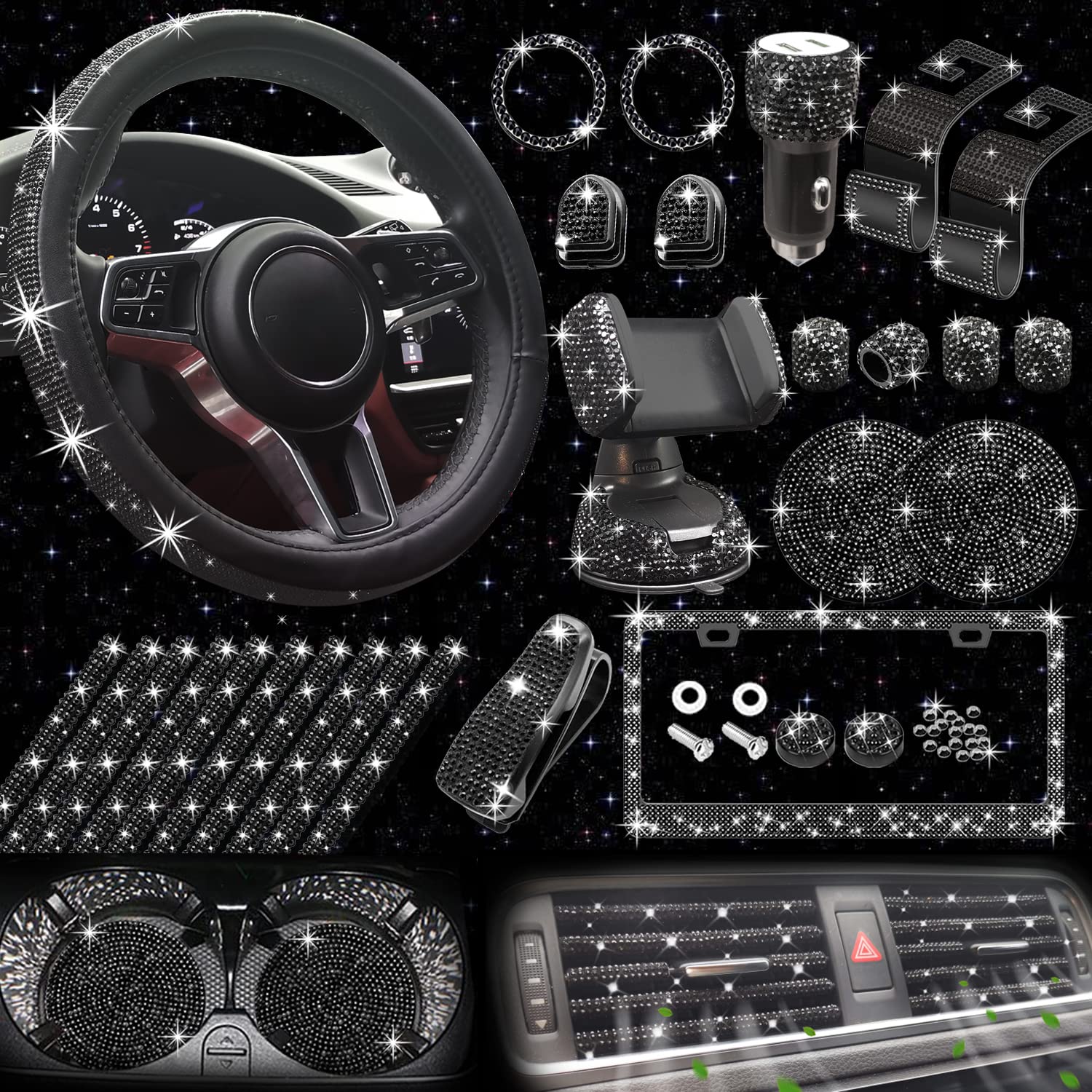 27-Piece Bling Car Accessories Set - Universal Fit for Women - Perfect for Luxury Car Decor