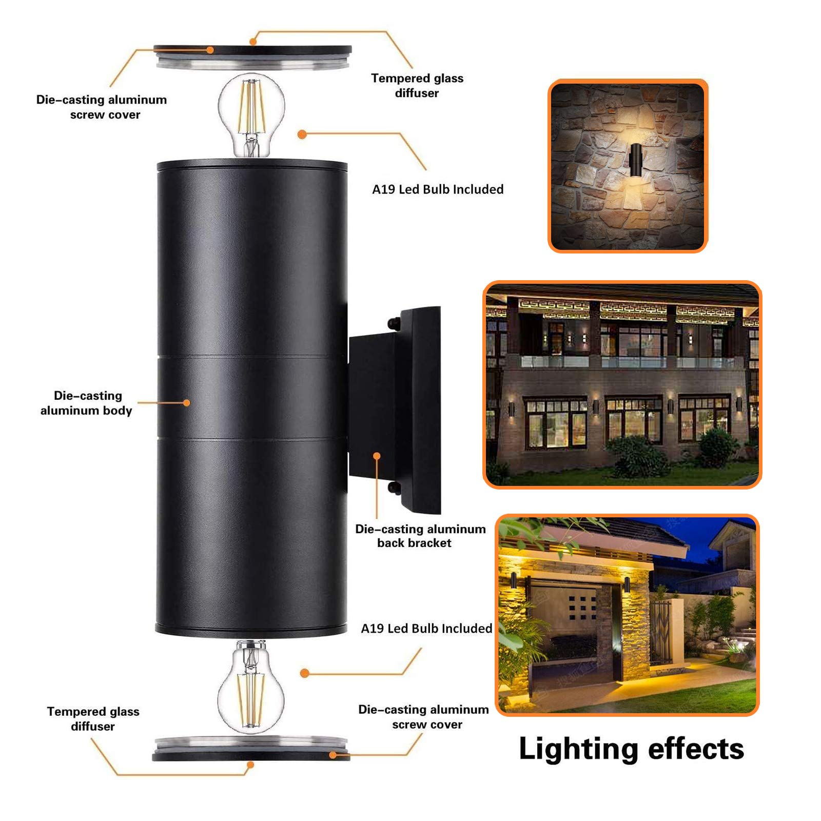 Dusk to Dawn Outdoor Wall Sconce Lights - 2 Light Fixtures with A19 Bulbs Included, Waterproof Exterior Lighting for Garage, Porch, Front Door, Patio & Garden [ETL Certified] - Perfect for Home Security & Landscape Illumination