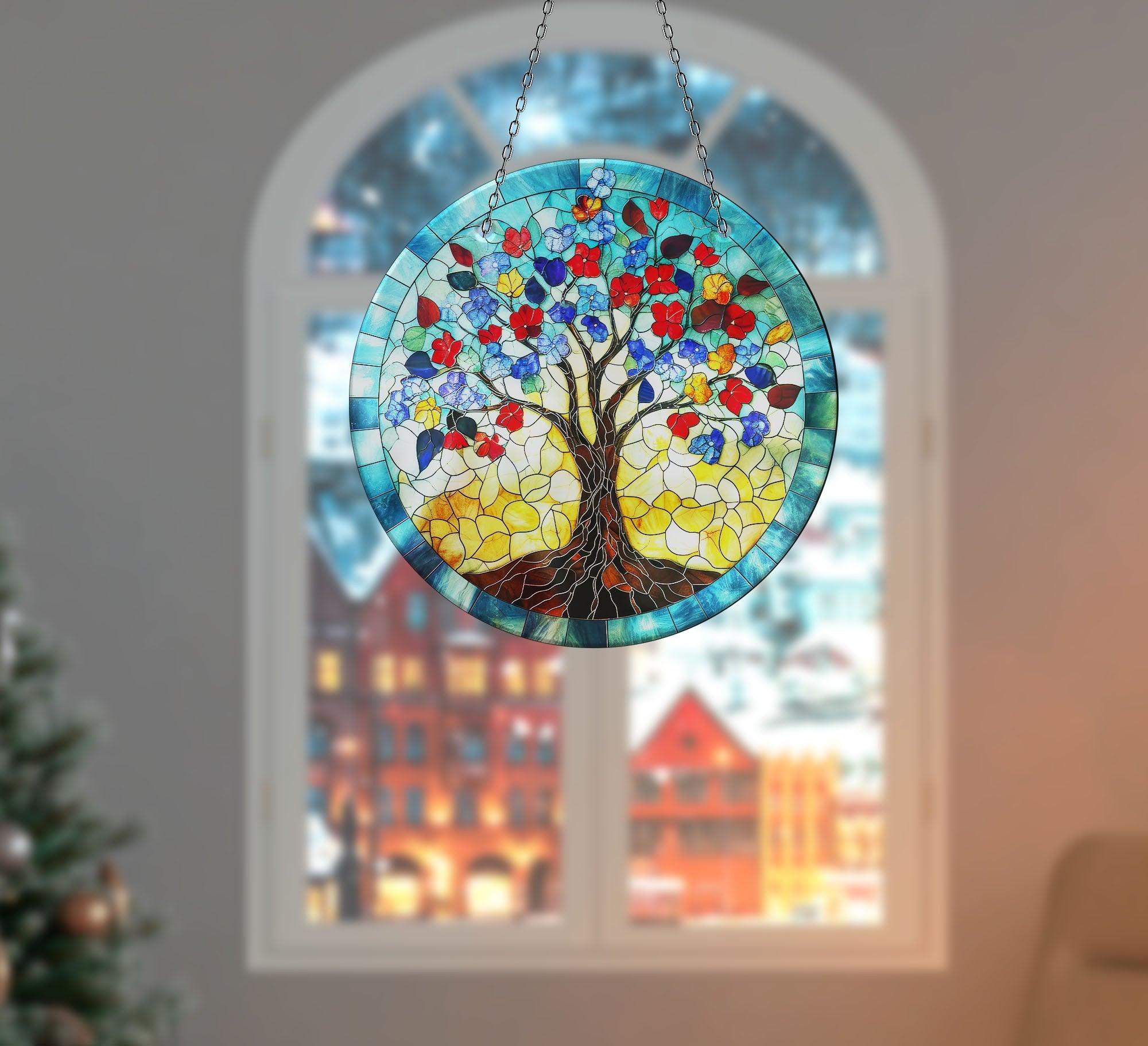 Blue Tree of Life Suncatcher - Handmade Stained Glass Window Decor for Home, Office & Garden - Perfect for Gifts & Spiritual Decorations