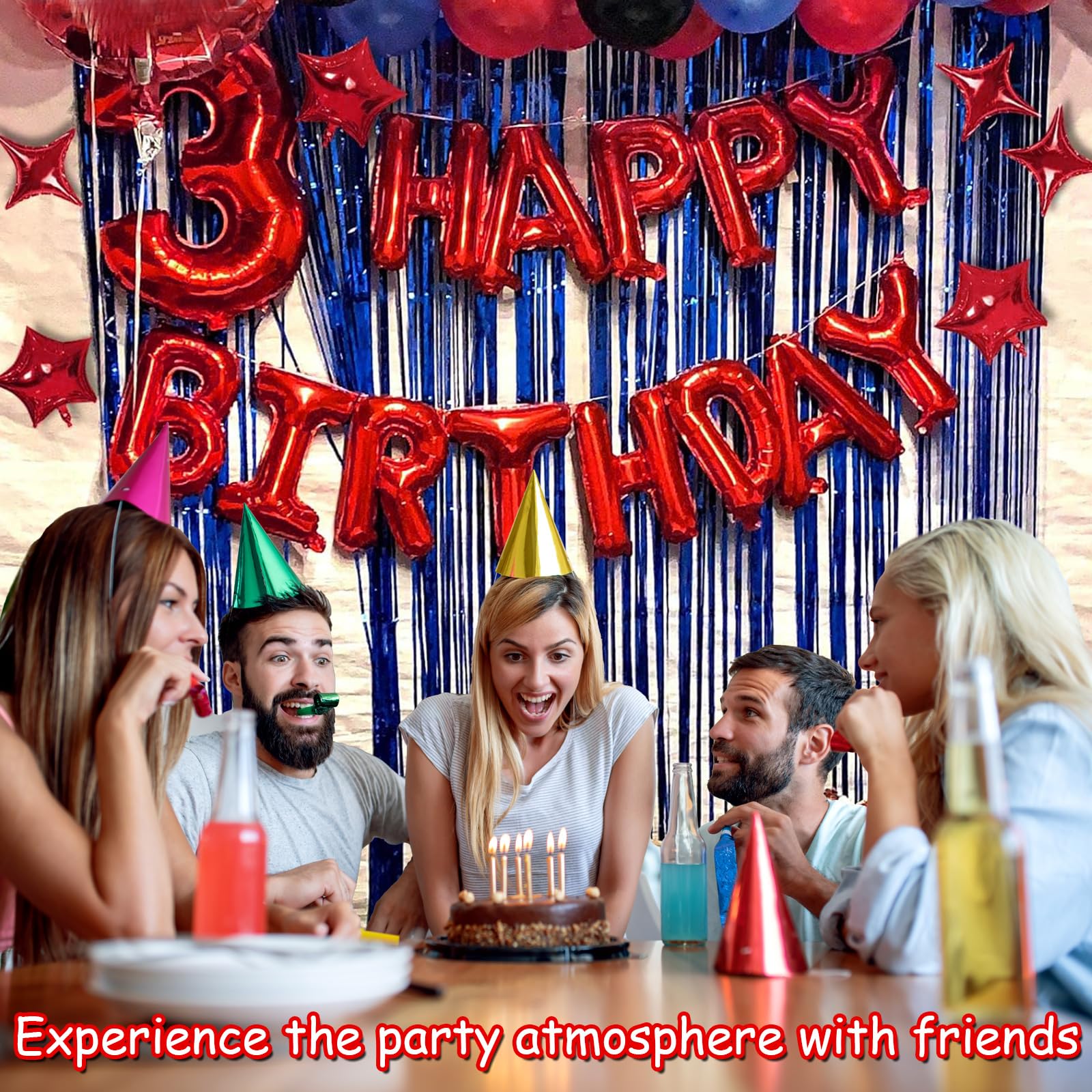 3D Mylar Foil Happy Birthday Balloons Banner Set with 6 Star Balloons - Birthday Party Decorations for Kids, Girls, Women & Adults - Perfect for Indoor/Outdoor Birthday Celebrations, Baby Showers & Anniversary Parties