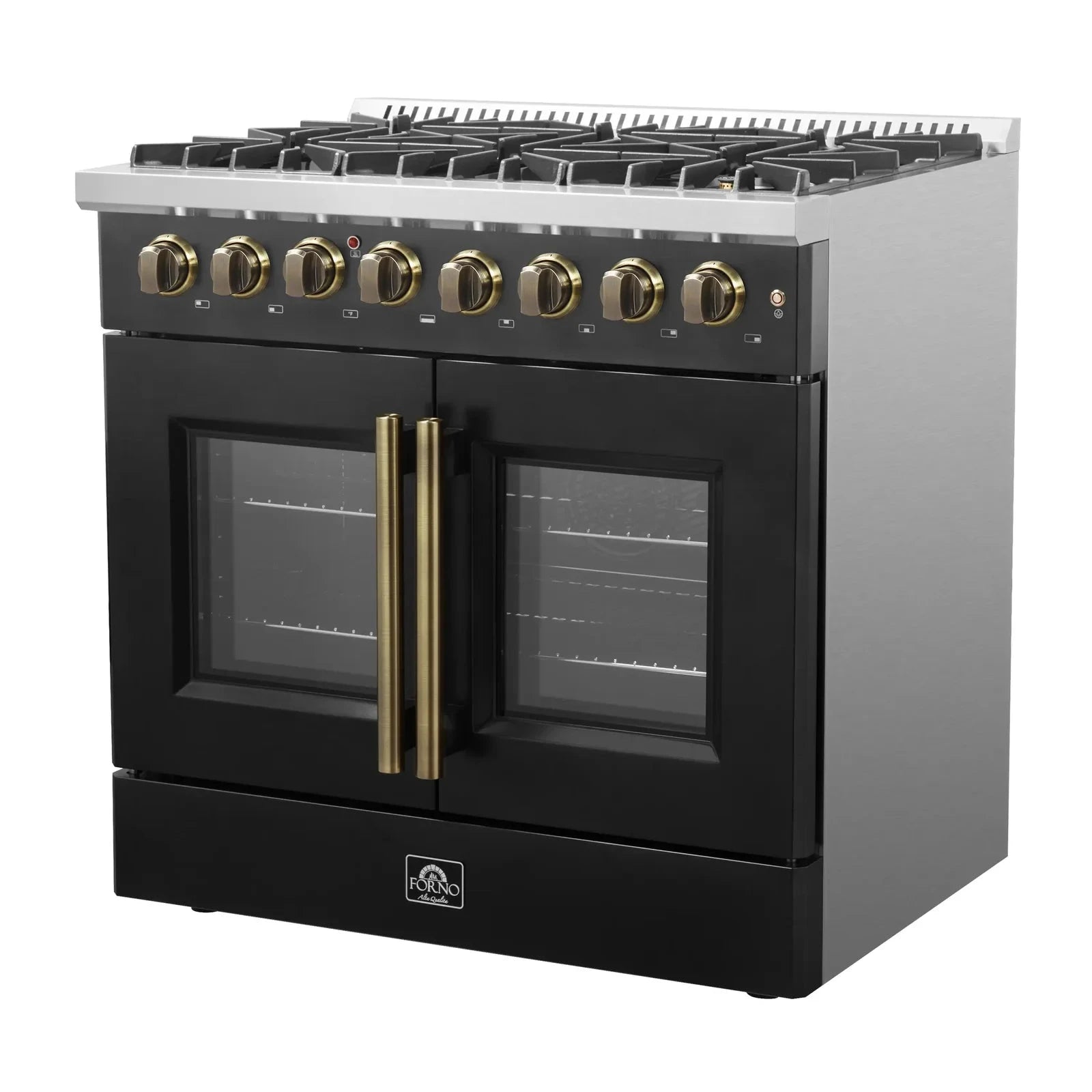 Forno Galiano 36-Inch French Door Dual Fuel Range - Gas Stove & Electric Oven in Black with Antique Brass Trim (Model FFSGS6356 36BLK) - Perfect for Gourmet Cooking & Modern Kitchens