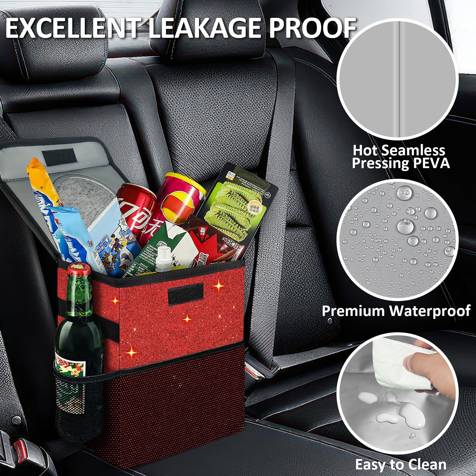 2.5 Gallon Sparkly Red Car Trash Can with Lid - Waterproof & Leakproof Hanging Garbage Bin for Front/Back Seat & Console | Cute Mini Car Trash Bag for Road Trips, Commuting & Family Travel