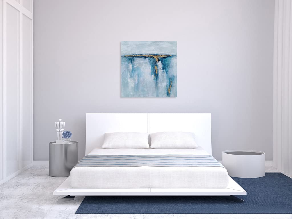 SYGALLERIER Abstract Ocean Canvas Wall Art - Hand Painted Modern 3D Coastal Painting with Gold Foil, Contemporary Square Picture for Living Room, Bedroom & Bathroom Decor | Perfect for Beach House, Coastal Theme & Modern Interior Design