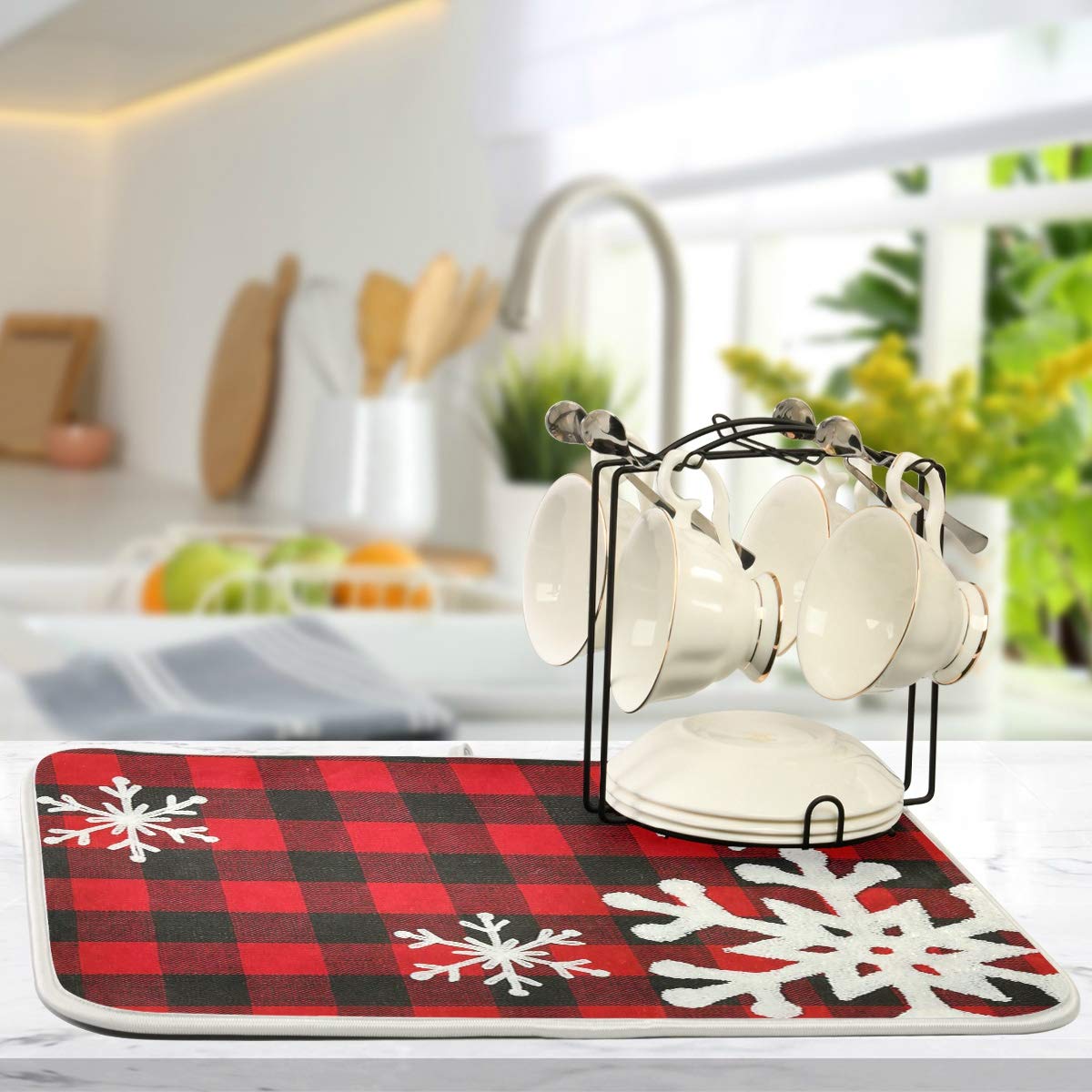 Christmas Plaid Dish Drying Mat 18x24 Inch - Red Black Snowflake Design for Kitchen Countertops & Bottles